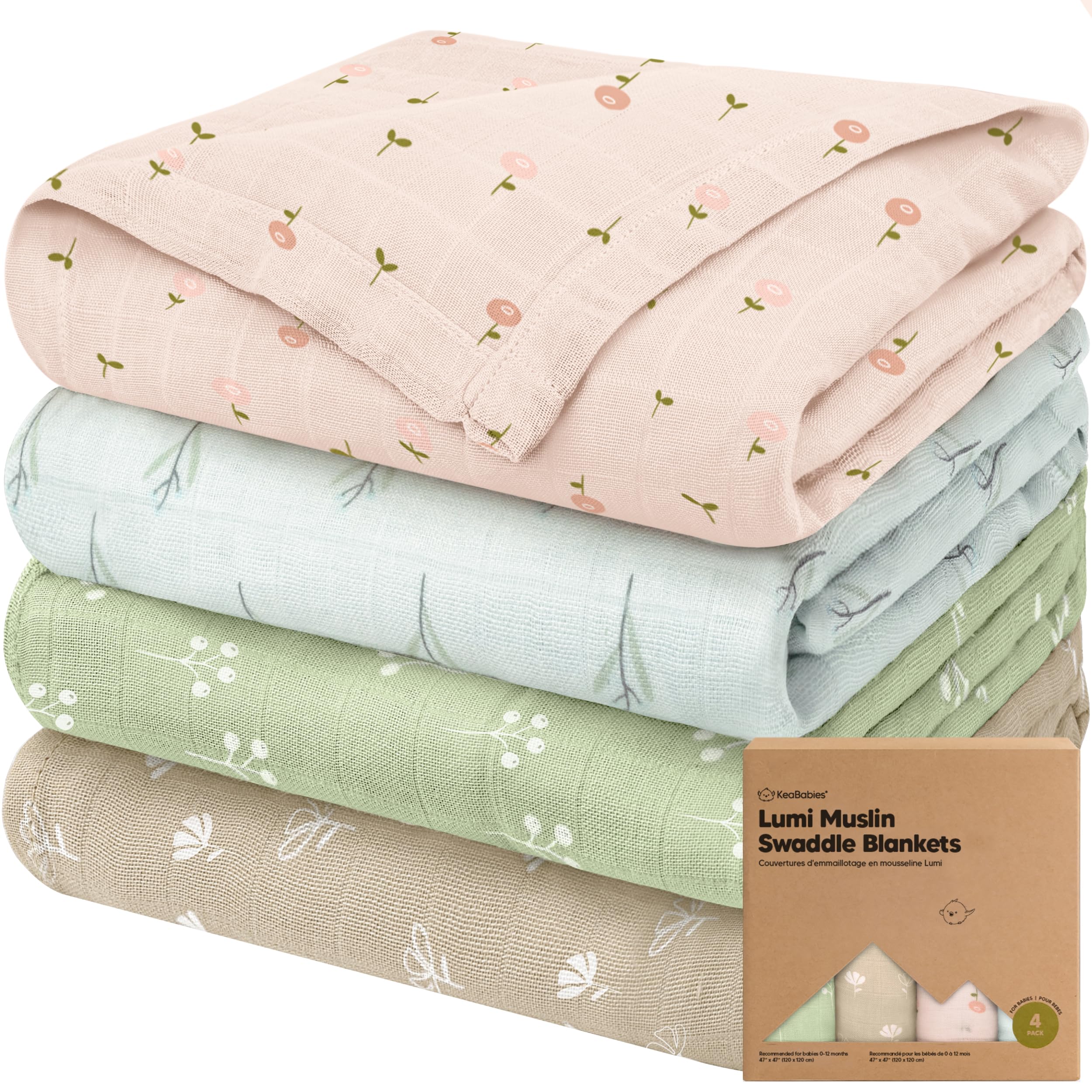 Photo 1 of 4-Pack Muslin Swaddle Blankets for Boys, Girls - Organic Baby Swaddles for Newborns, Soft & Breathable Receiving Baby Blankets for Girl, Boy, Neutral, Newborn Essentials Gift (Wild Bloom)