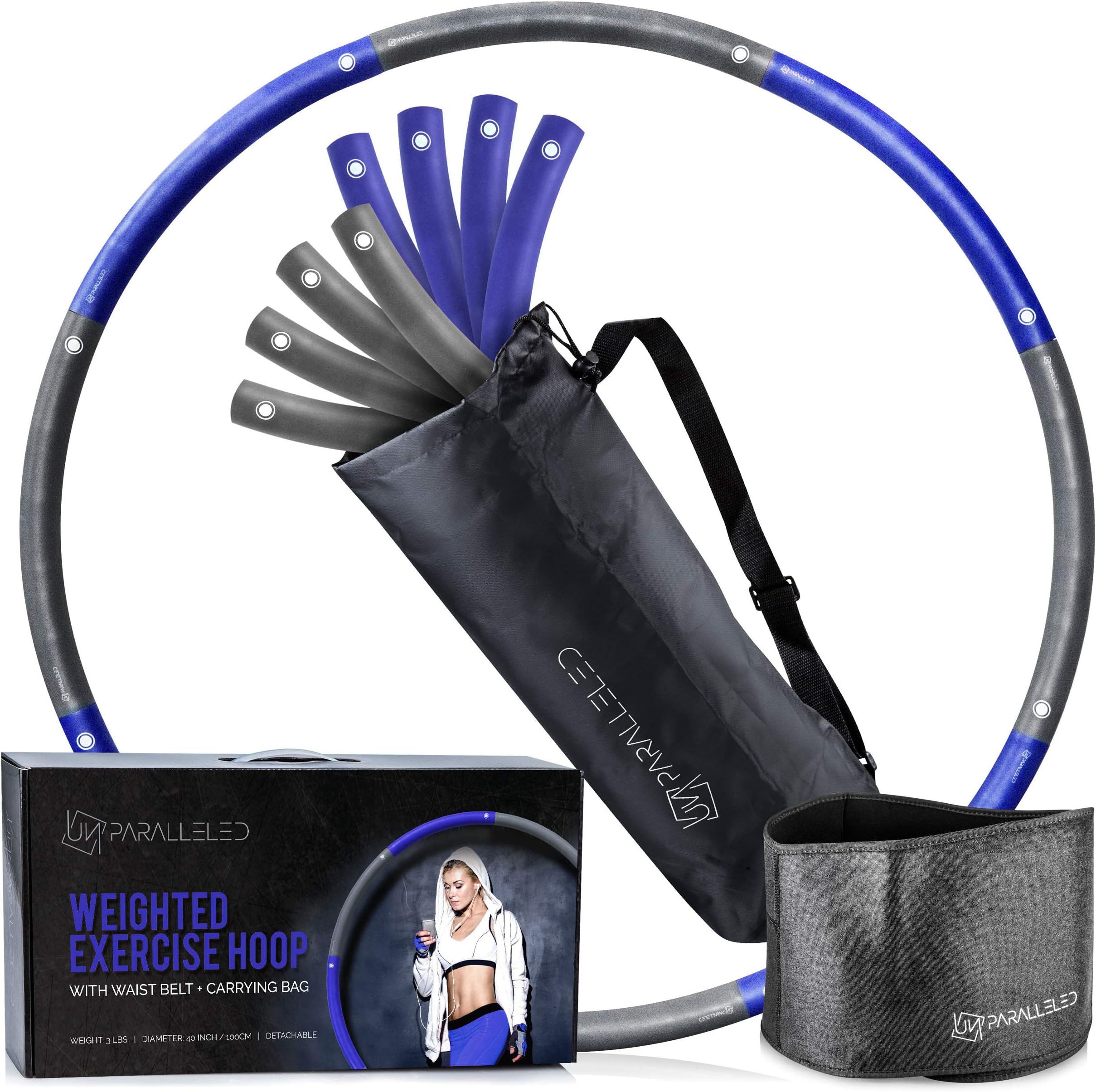 UNPARALLELED Weighted Fitness Hoop Bundle with Waist Belt & Extra Foam Padding for Exercise, Weight Loss & Burning Fat - Dance & Workout Hoola Hoops for Adults - Detachable Travel Hoop 3lbs