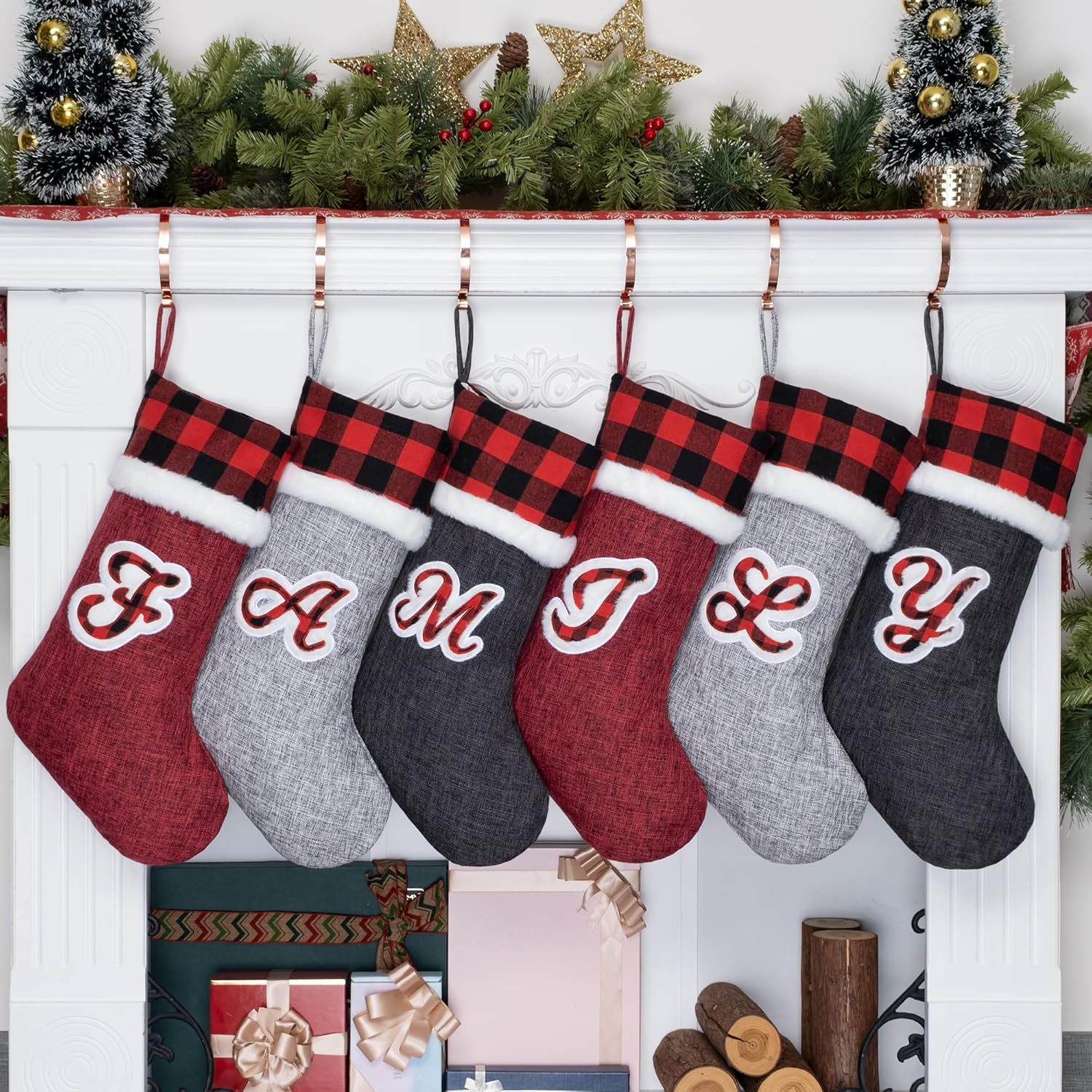 Stockings & Holders - Initial Christmas Stockings 2023 NEW Monogram Personalized Burlap Black and Red Buffalo Soft Faux Fur 20 Inches Embroidery for Family Decorations Hanging Ornament for Xmas Holiday Party Red Letter L