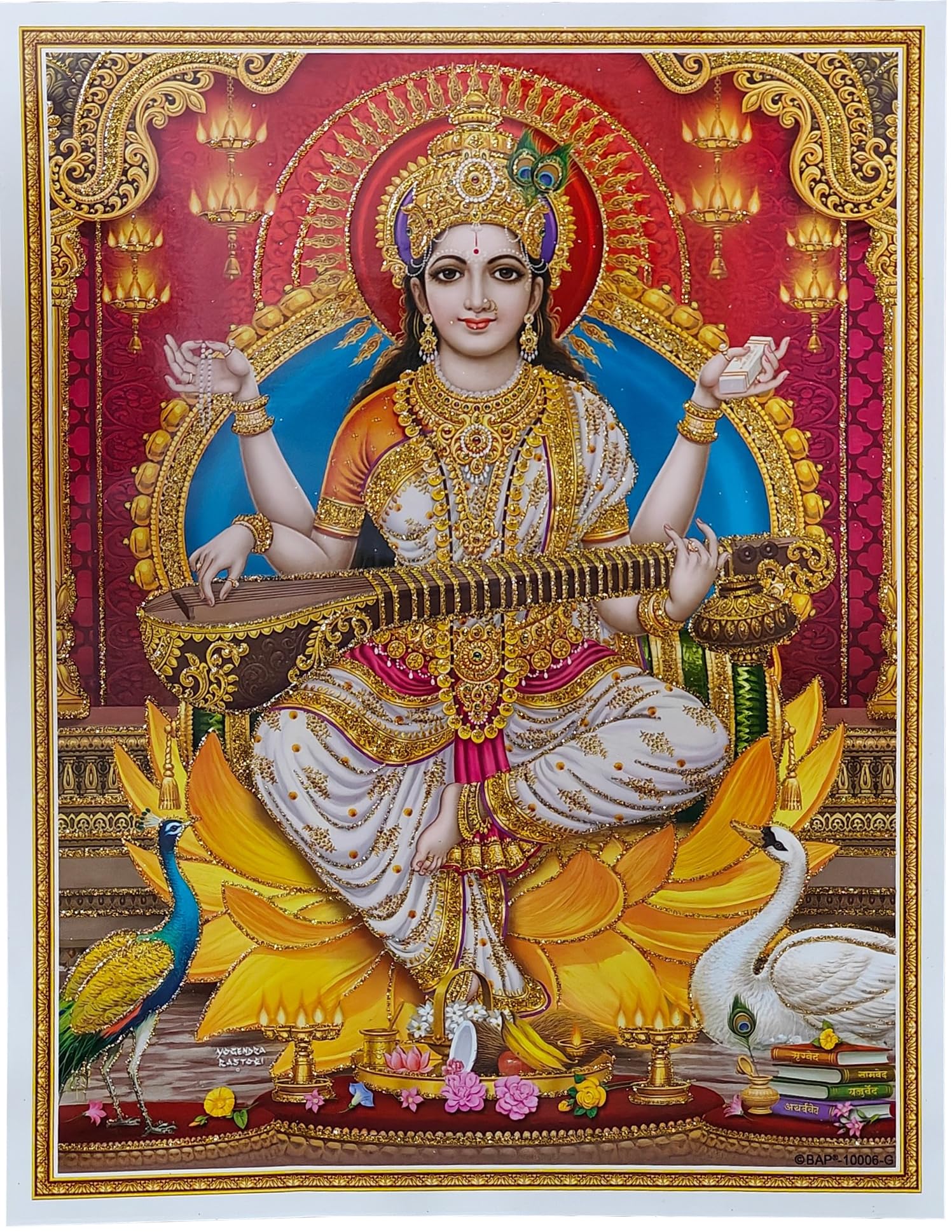Rastogi Handicraft Best Of Indian Reprint Hindu God Poster/Picture With Unframed (Saraswati-Ji-Red-BG-11 X9)