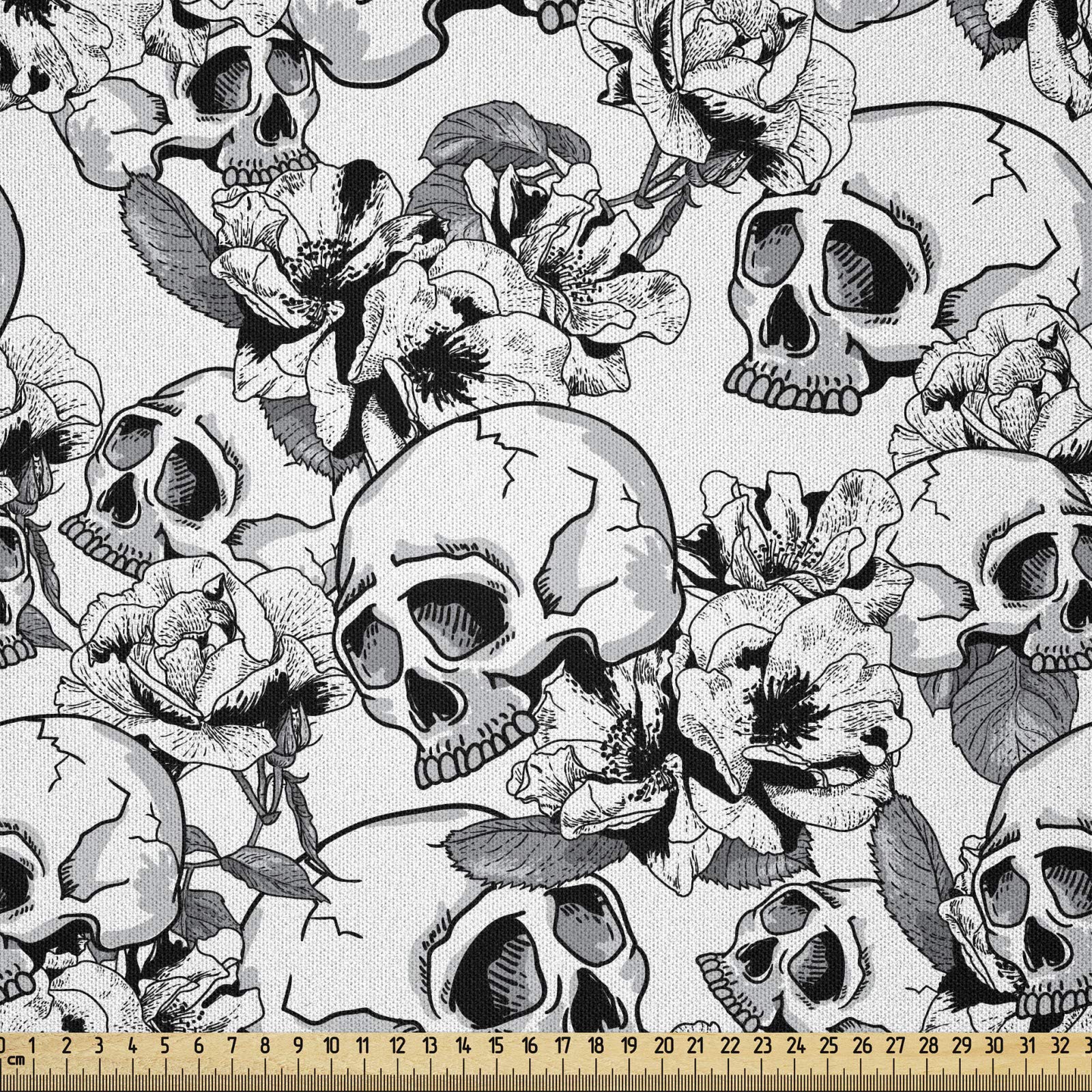 ABAKUHAUS Day of the Dead Fabric by the Yard, Celebration Mexican Spanish Sketch Dead Skulls Artwork Print, Fabric for Upholstery and Home Decor Accents,3M (148x300cm), Black and White
