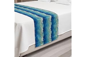 Lunarable Aquatic Bed Runner, Conceptual Ocean Themed Art Hand Drawn Waves Seascape Maritime, Decorative Accent Bedding Scarf for Hotels Homes and Guestrooms, King, Mint Green Pale Blue