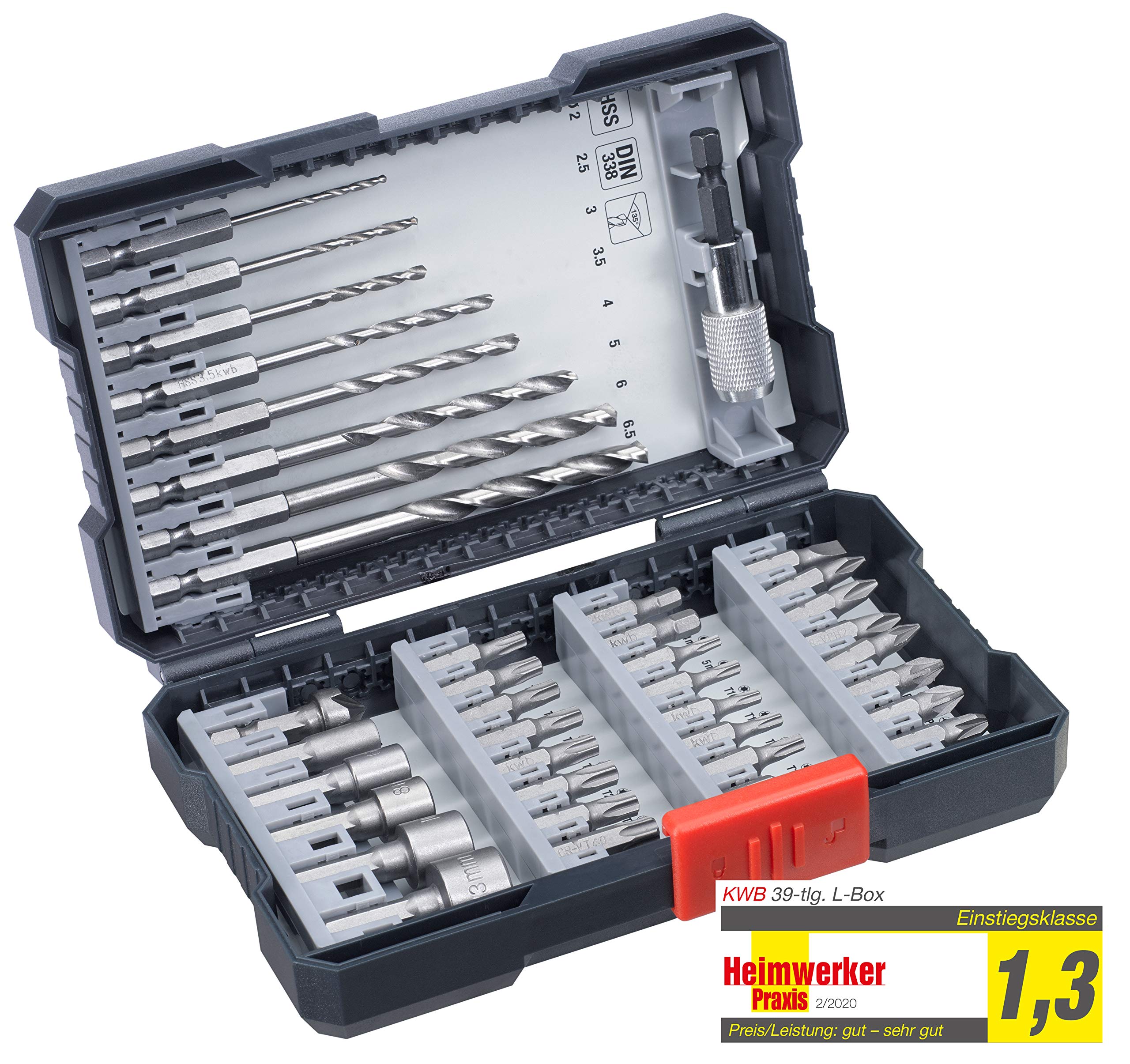 kwb 39-Piece Drill Bit Box with Hex Shank, 8 x HSS Metal Drill Bits and PH, PZ, TX Bits Set Including Countersink, Bit Holder, and Socket Bits