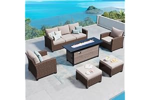 SUNSHINE VALLEY Patio Furniture Set Outdoor Furniture Brown Wicker Rattan Patio Conversation Sets with Cushion Outside Sofa Set,6 Pieces with Rectangular Firepit Table,7 Seats,Beige