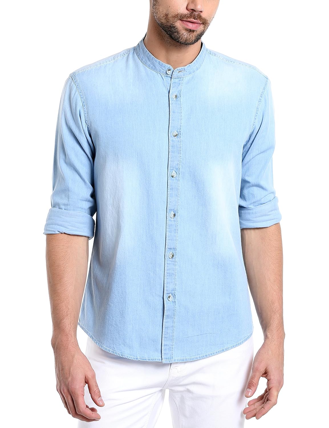 dennis lingo men's denim light blue solid casual shirt