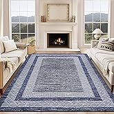 GarveeHome Modern Geometric Area Rug 5x7 Distressed Bordered Rug Washable Non Slip Floor Carpet Non Shedding Thin Rug, Soft Low Pile Rug, Contemporary Blue Rug for Dining Room, Living Room