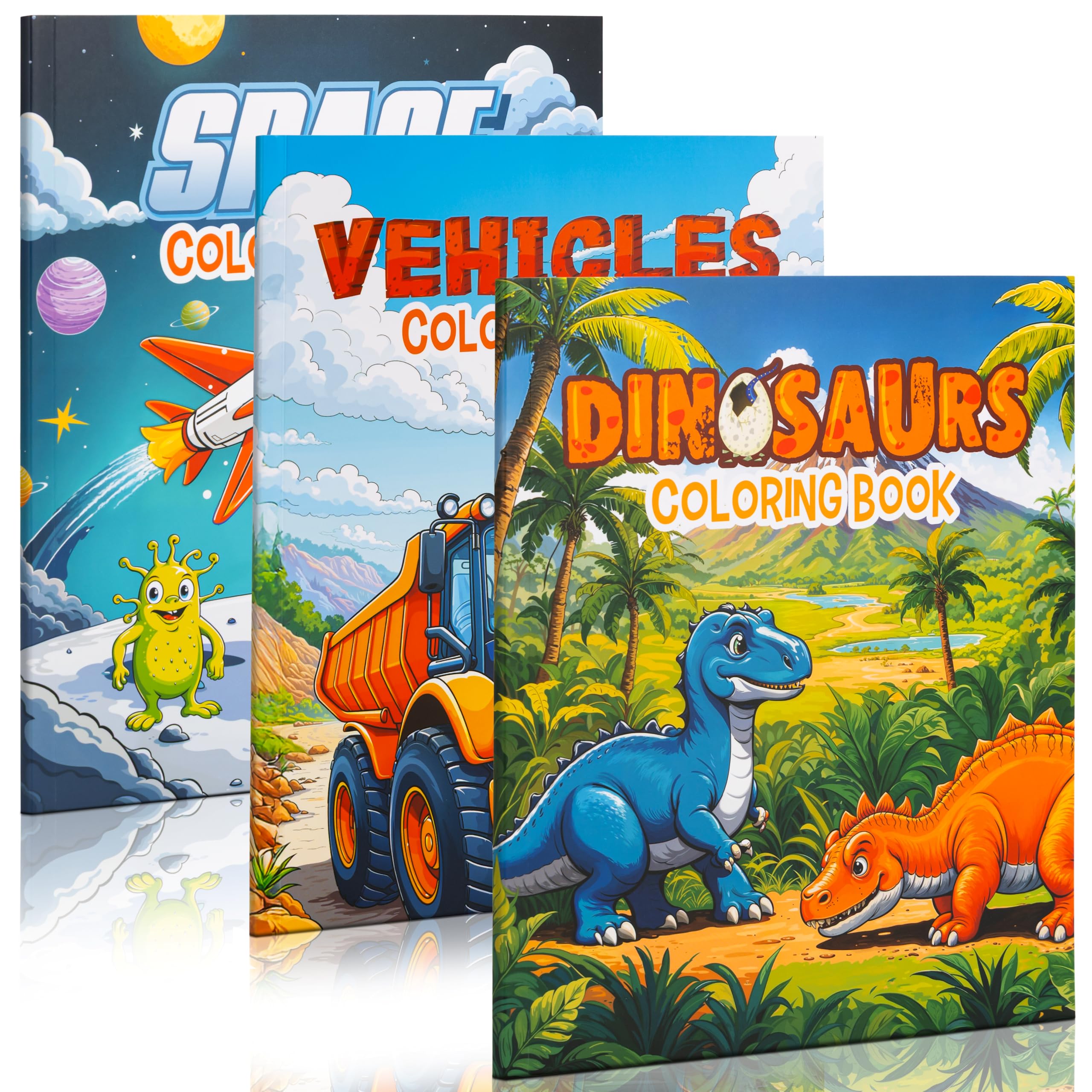 ZICOTO Fun Coloring Books for Kids Set of 3 – Exciting Dinosaur, Space & Trucks Coloring Book for Boys Ages 4–8 – Easy to Color Gift for Your Creative Little One