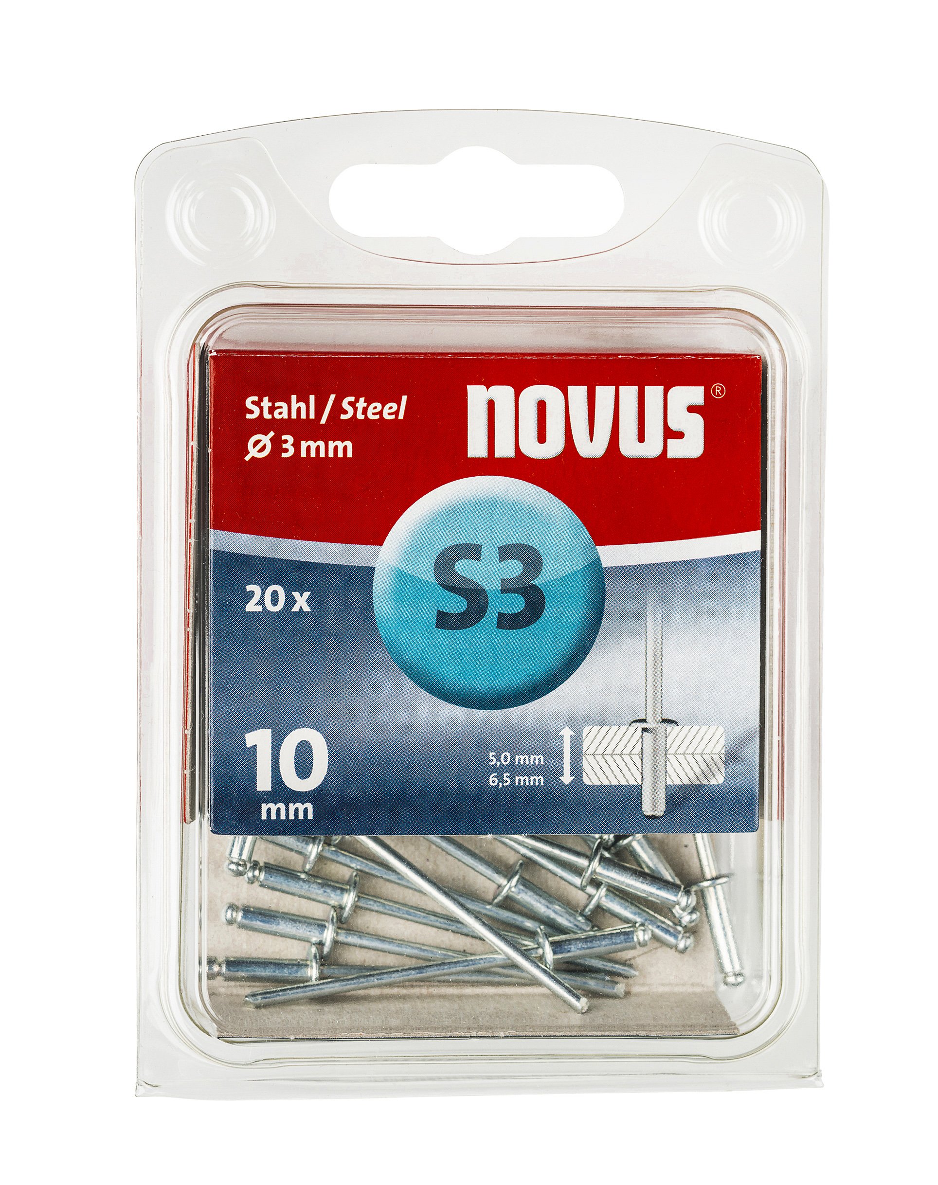 Novus Steel Blind Rivets with 10 mm Length, 20 Rivets, Diameter 3 mm, 5.0-6.5 mm Clamping Length, for Fixing Sheet Steel