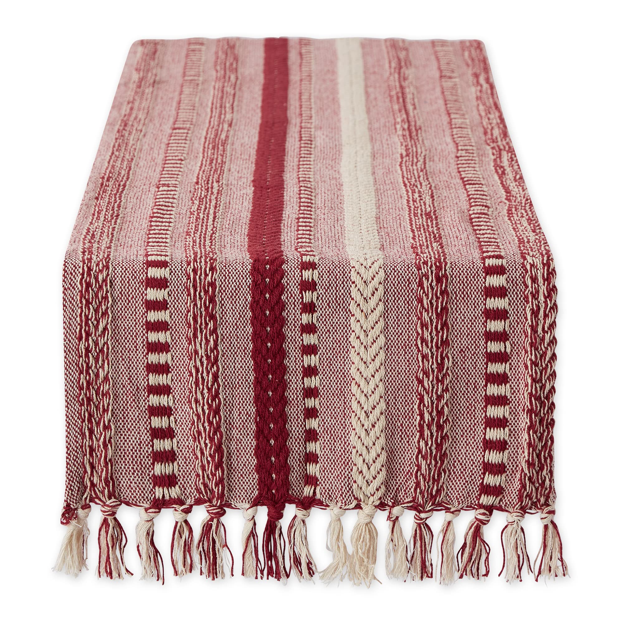 DII Farmhouse Braided Stripe Table Runner Collection, 15x108 (15x113, Fringe Included), Barn Red