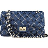 M-ioi-M Quilted Denim Crossbody Bags for Women, Chain Strap Shoulder Bags, Medium Double Flap Purse, Gold Hardware Jean Purse