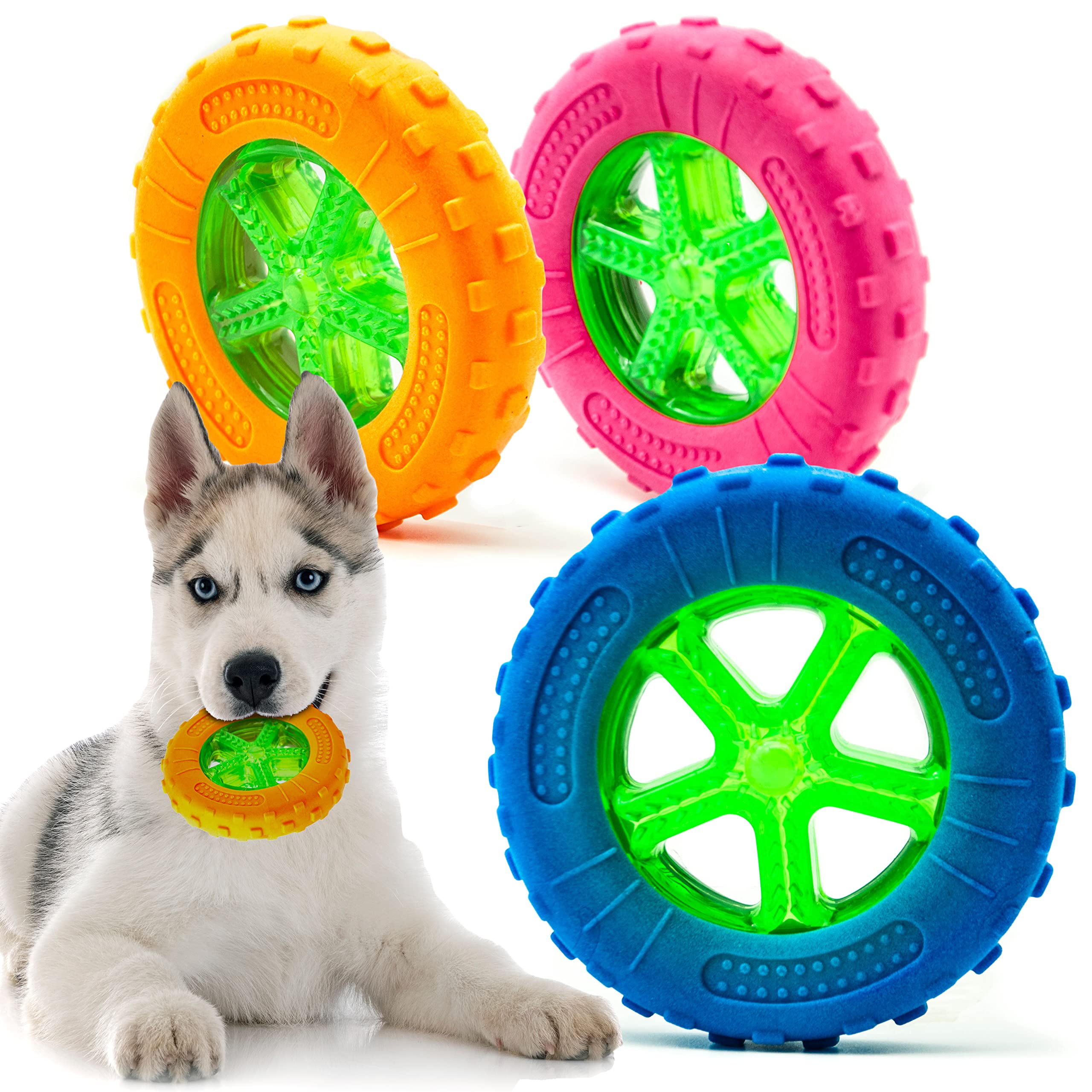 Petopedia 2x 5 inches – Rubber Dog Chew Toys TIRE – Bright TYRE WHEEL – TPR Dogs Toy with Treat Dispensing, Fetch Play – Interactive, Boredom, Floating, Puppy Teething Toys (Pack of 2)