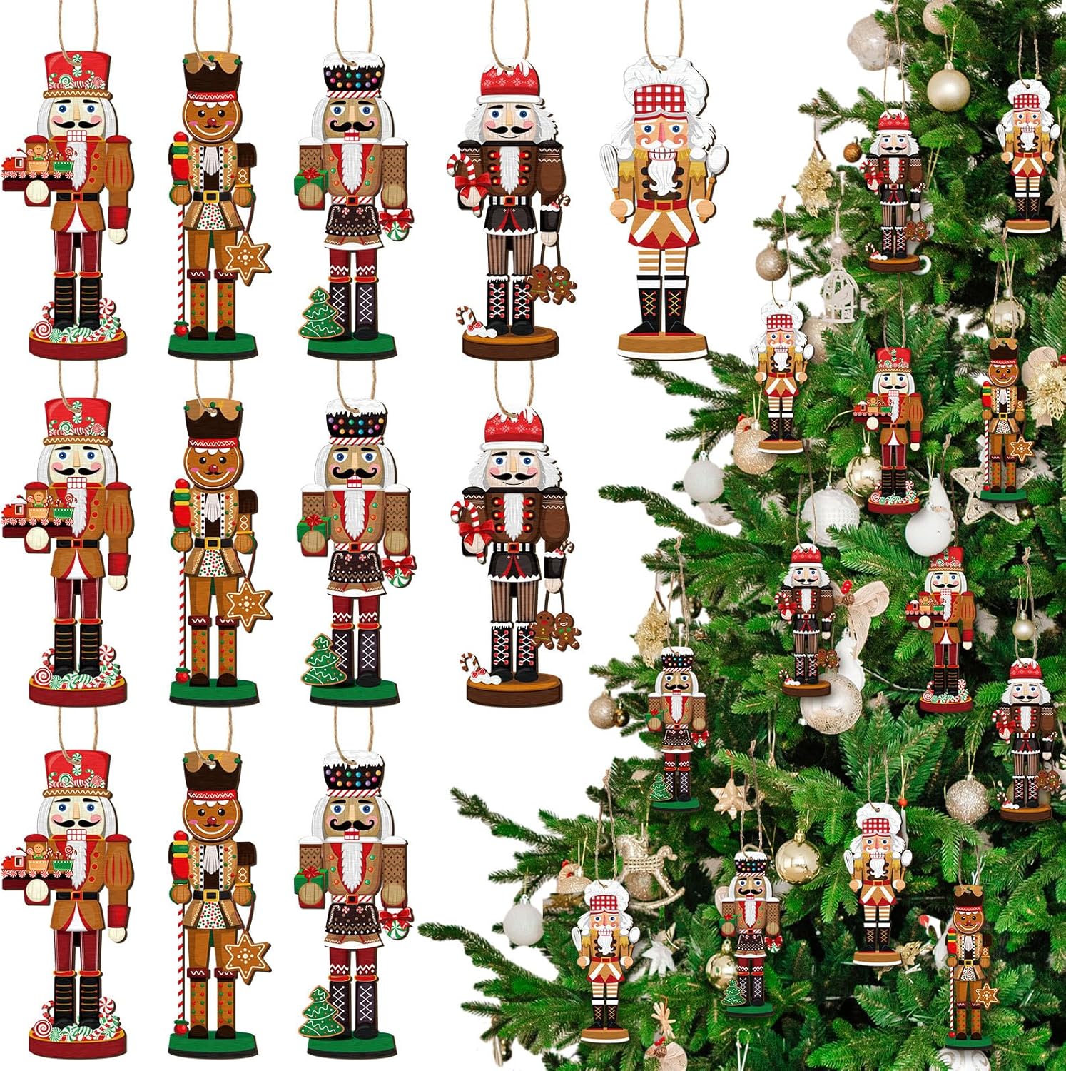 Nutcrackers - 20 Pcs Christmas Nutcrackers Decorations Wooden Holiday Hanging Nutcracker Figures Ornaments King Soldier Miniature Christmas Tree Ornament for Xmas Birthday Party, 5.51 Inch(Gingerbread)