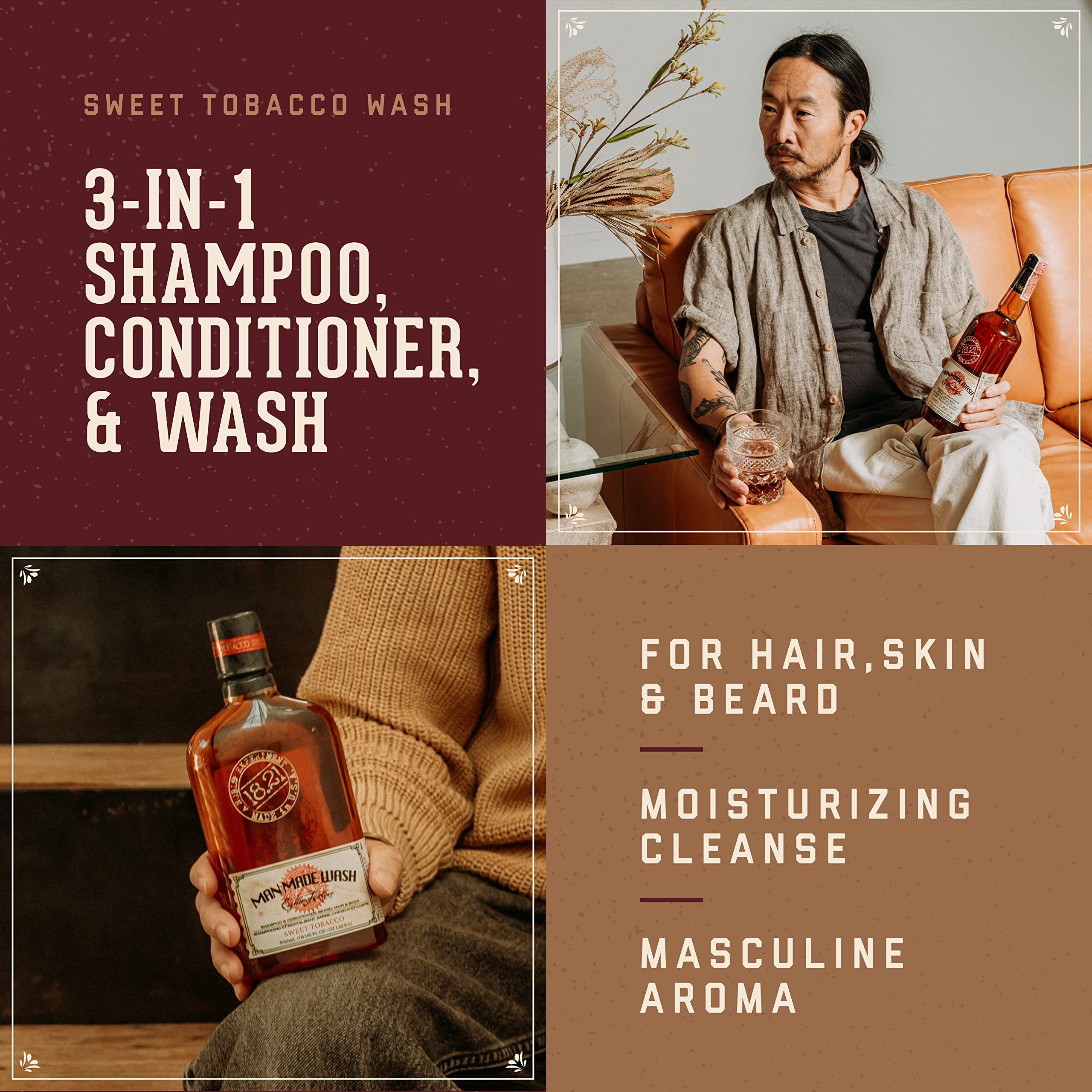 18.21 Man Made Original Sweet Tobacco 3-in-1 Body Wash, Shampoo, & Conditioner for Men, All Hair & Skin Types, Strengthens and Moisturizes in a Manly Aroma, 18 Fl Oz