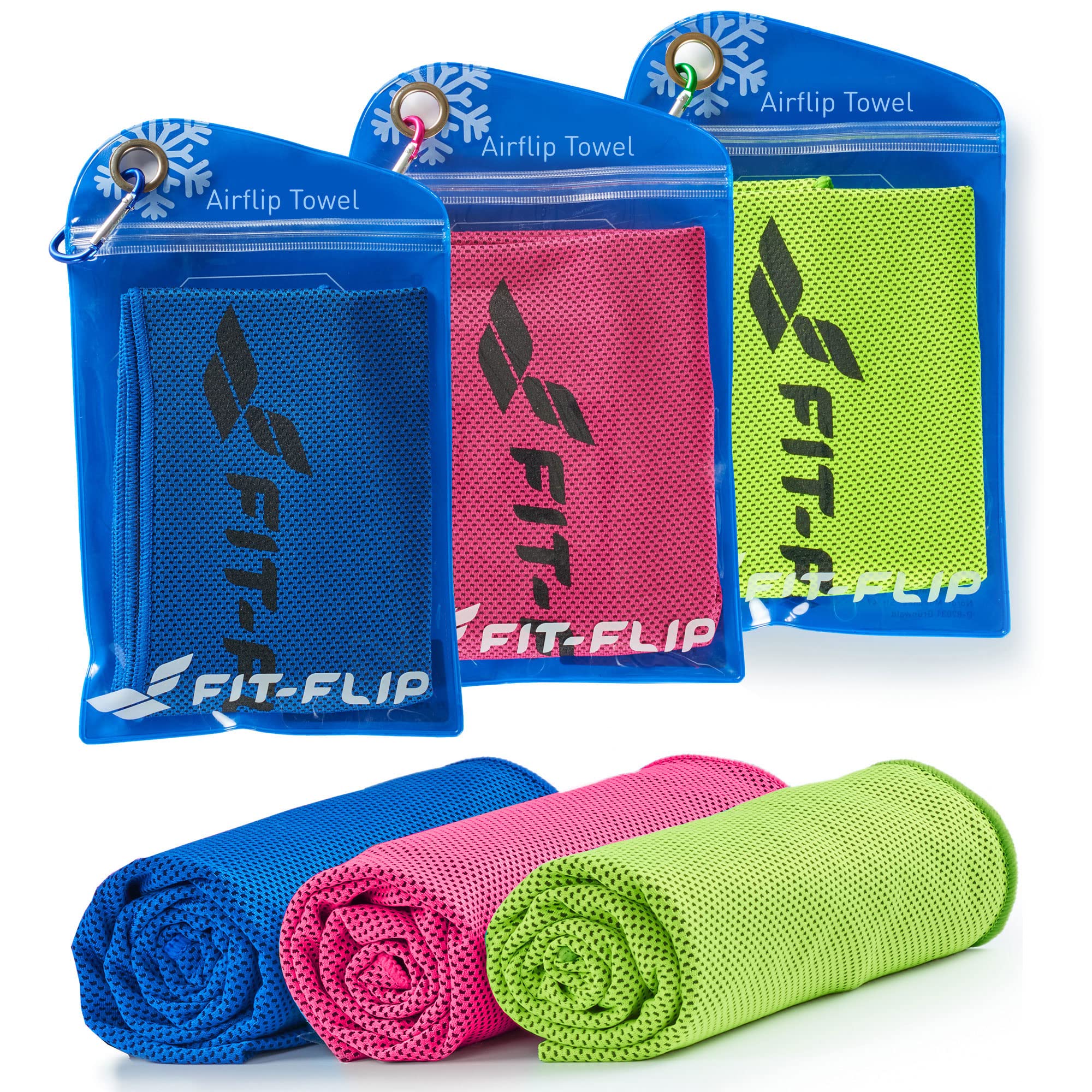 Fit-Flip Set of Cooling towels - Airflip - cool touch microfibre ice towel as wet neck scarf - cold cloth for sport, yoga and fitness (dark blue/green/pink, 100x30cm)