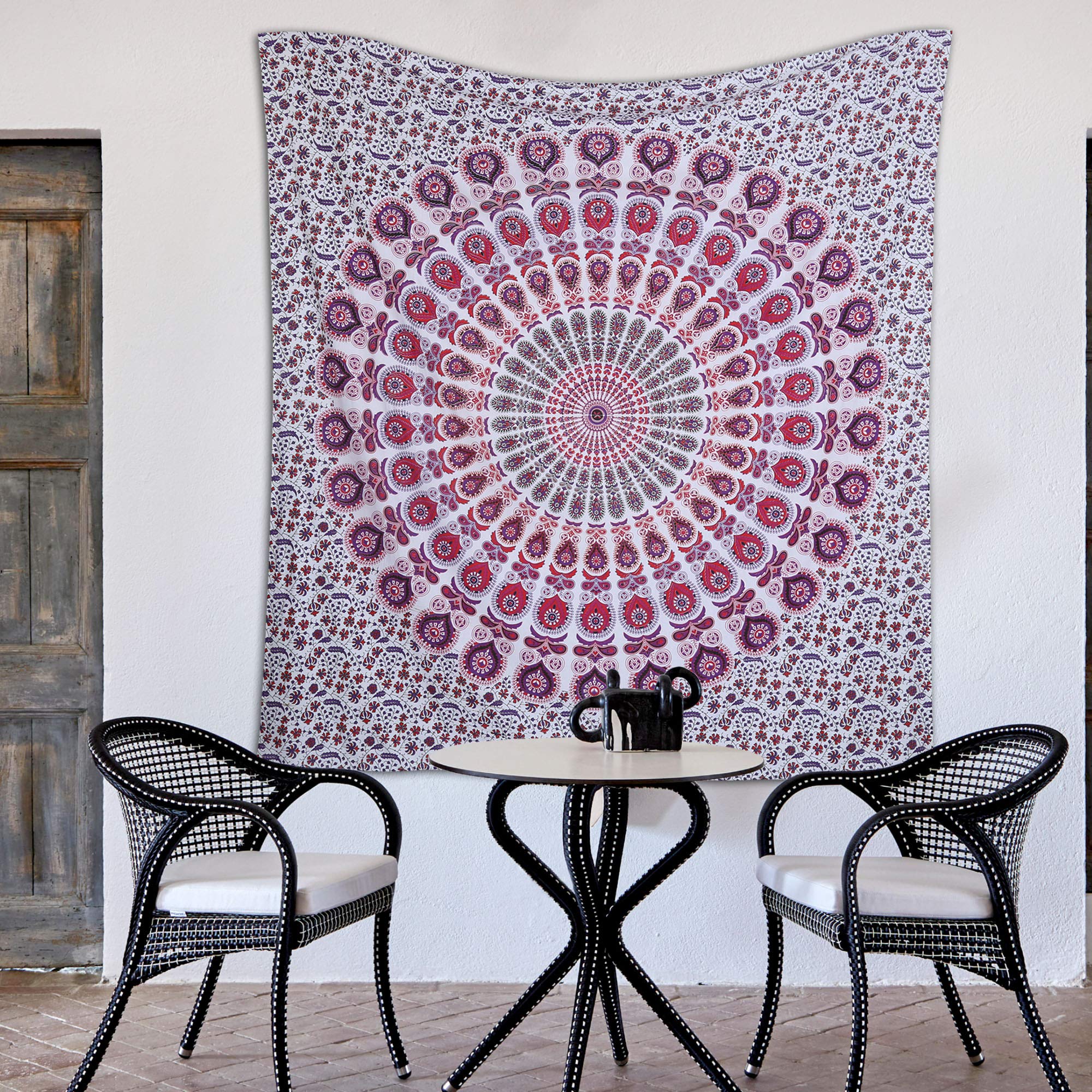 raajsee White Pink Tapestry Hippie Boho Beach Blanket Mandala Indian Cotton Throw - Home Décor Indie Rug Yoga Mat Meditation Picnic Rugs 210X220 CMS