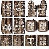 12 Pcs Farmhouse Kitchen Oven Mitts and Pot Holders Decor Sets 4 Wood Kitchen Hand Towels 4 Absorbent Dishcloths 2 Pot Holders 2 Oven Mitts Glove for Home Decorations Mom Baking Cooking Grilling Gift