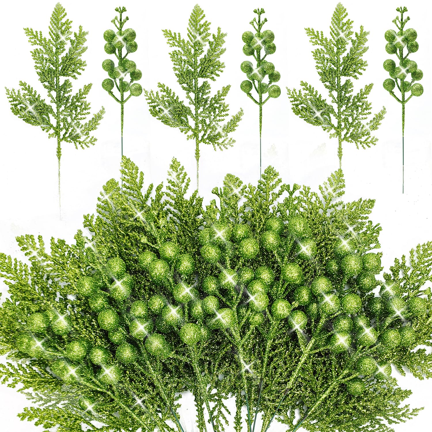 KKSTY 24pcs Artificial Glitter Berries Stems and Leaves Set Shining Stems for Christmas Tree Decoration, Wreath Making Supplies, Vase Fillers, DIY Crafts, Centerpieces and Home Décor (Green)