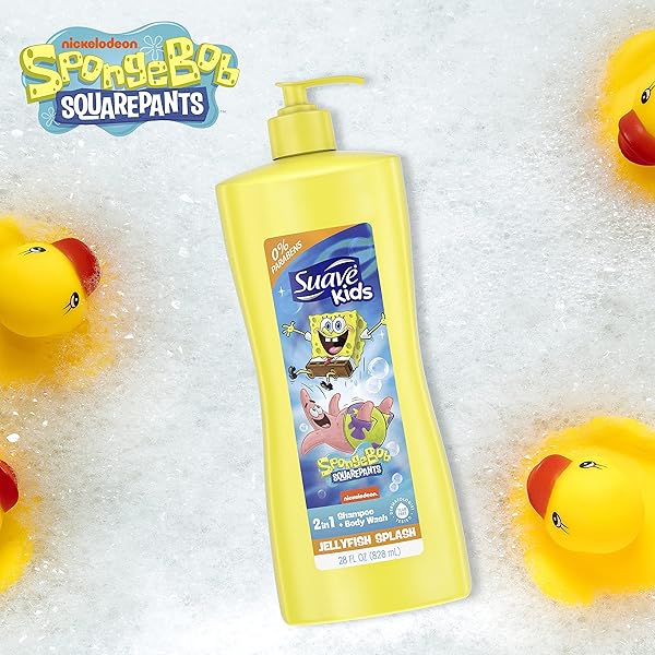 SUAVE KIDS 3 IN1 SHAMPOO & BODY WASH FOR KIDS NICKELODEON SPONGEBOB DERMATOLOGIST-TESTED AND TEAR-FREE, STRAWBERRY, YELLOW, 28 FL OZ