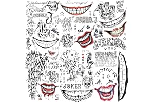 COKTAK 6 Sheets Joker Temporary Tattoos For Men Women Kids Halloween Makeup Kit Cosplay Costume, 3D Halloween Face Tattoos Prison Prisoner Inmate Gothic Rapper, Fake Clown Joker Tattoos Stickers