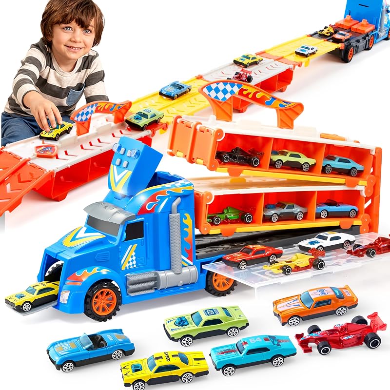 Camiões de Brincar para Crianças, 12 Veículos de Brincar em Metal Fundido com 2 lançadores, Brinquedo de Corrida de Rua Dobrável com Luzes e Sons, Presente para crianças a partir dos 3 anos
