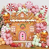 Christmas Gingerbread Balloon Garland Arch Kit with Gingerbread House Backdrop - Pastel Pink Green Brown Balloons Candy Cane Foil Balloons for Holiday New Year Birthday Party Decorations