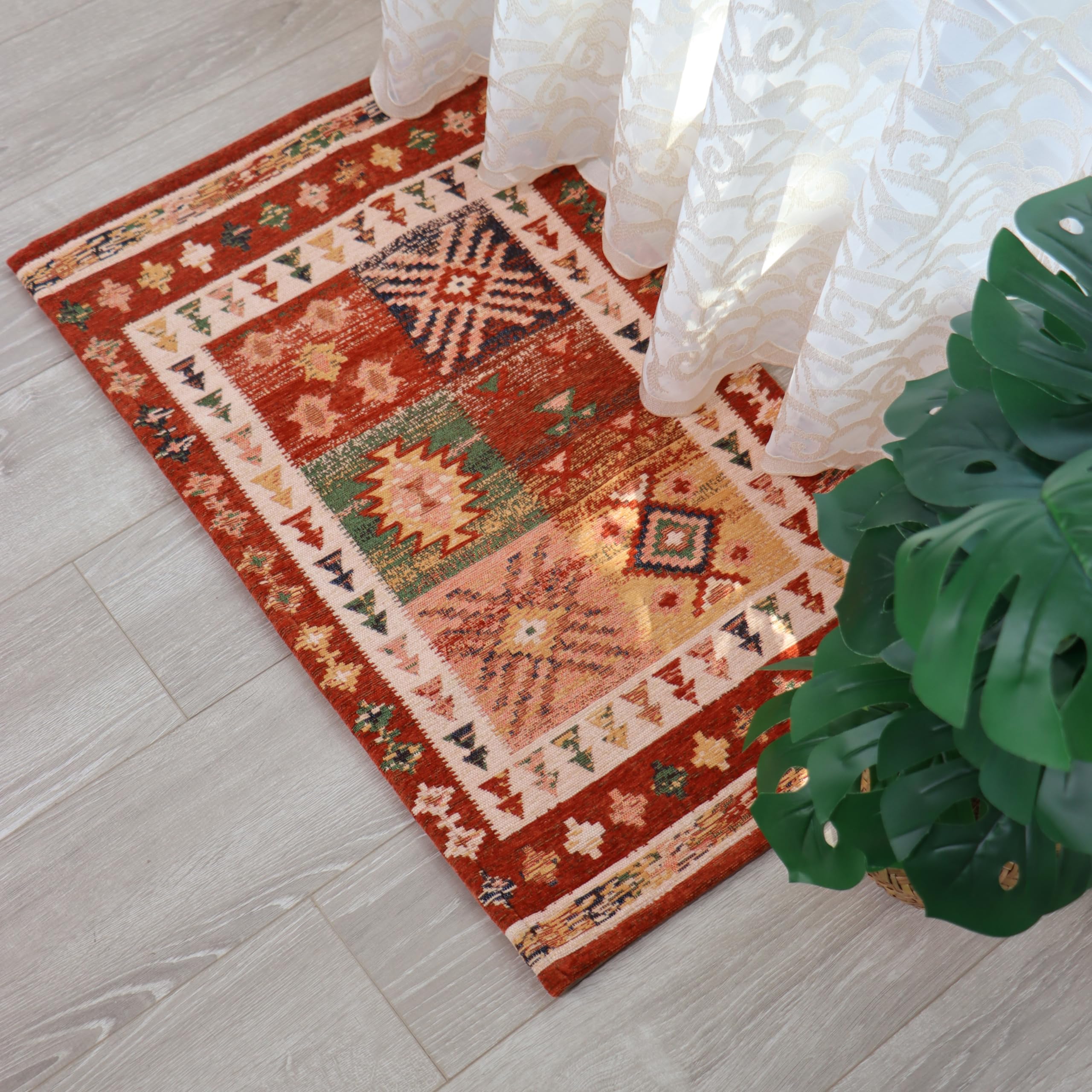 AMIDA Small Door Mat Indoor 60x90cm Boho Traditional Floral Style Washable Dirt Trapper Low-Profile Inside Floor Door Mats Carpet for Entrance Doorways,Kitchen,Garage(Orange+ Red)