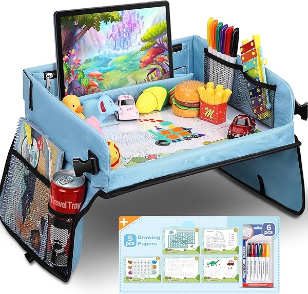 COOLJOY Kinder Knietablett Reisetisch,BeschäFtigung Autofahrt Kinder,Auto Organizer Kinder, Multifunktional Spielzeug ab 3 Jahre, Tragbar Tablett, Einstellbar Kindersitz, Autositz für Kinder