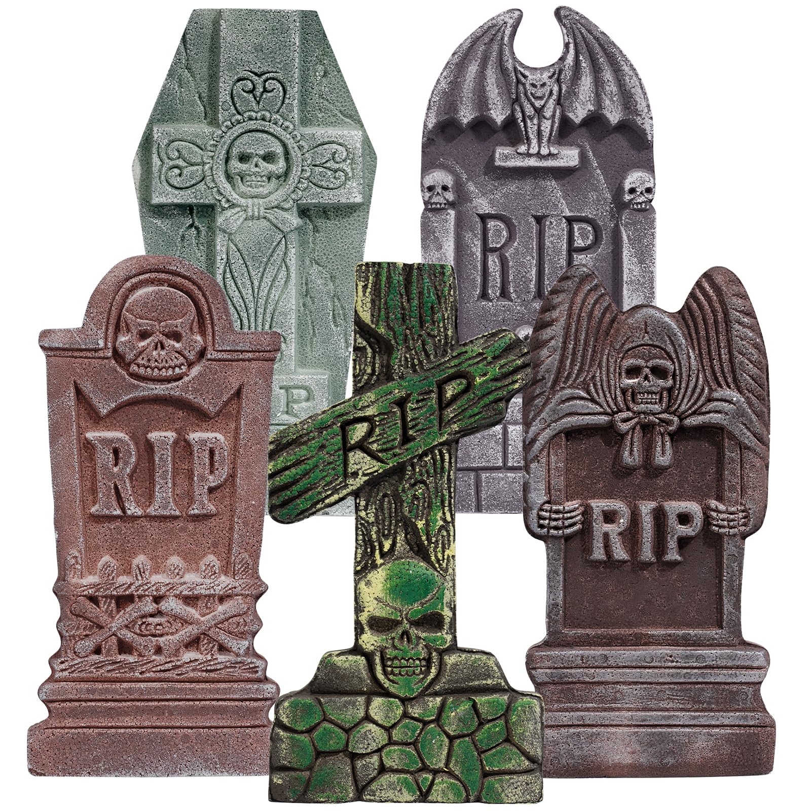 17” Halloween Foam RIP Graveyard Tombstones 5 Pack, Halloween Decorations | Halloween Tombstones Outdoor Graves Decorations,