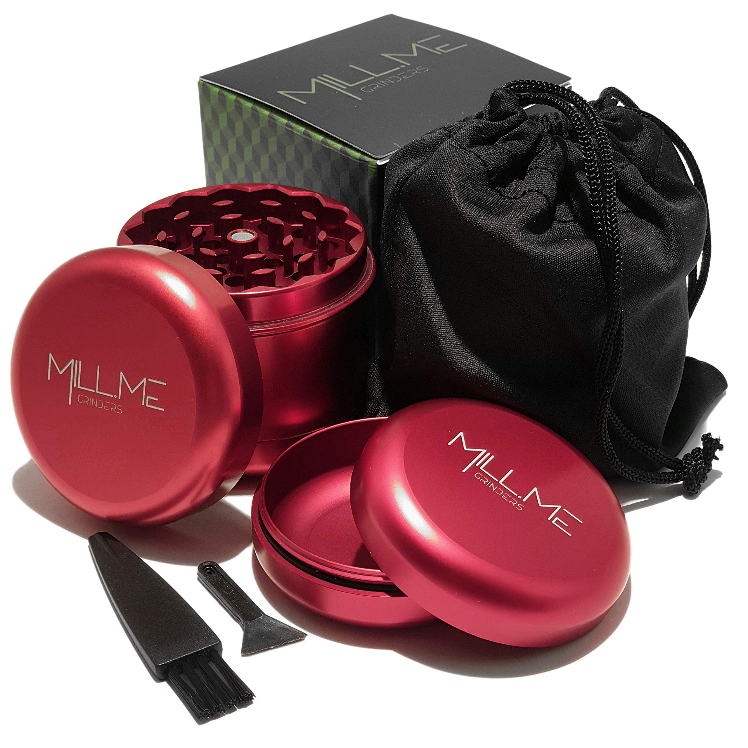 Mill.Me 4 Piece 2.2" Spice Herb Grinder. Bonus Herb Storage Jar Included. Red Aluminium.
