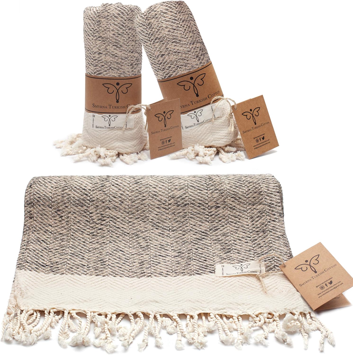 Smyrna Original Turkish Hand Towels Herringbone Series Set of 2 | 100% Cotton, 16 x 40 Inches | Decorative Bathroom Peshtemal Towel for Hand, Face, Hair, Gym, Yoga, Tea, Kitchen and Bath (Beige): Kitchen & Dining