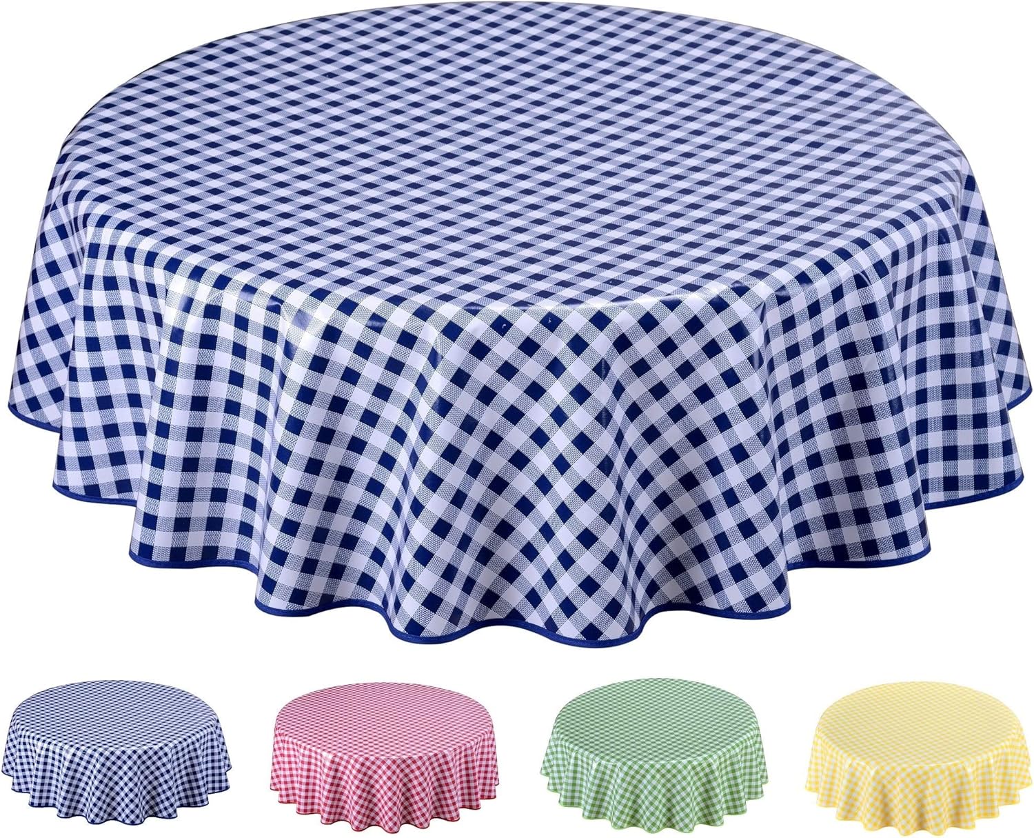 Round Oilcloth PVC Wipe Clean Tablecloth 140cm 55" Checkers Blue