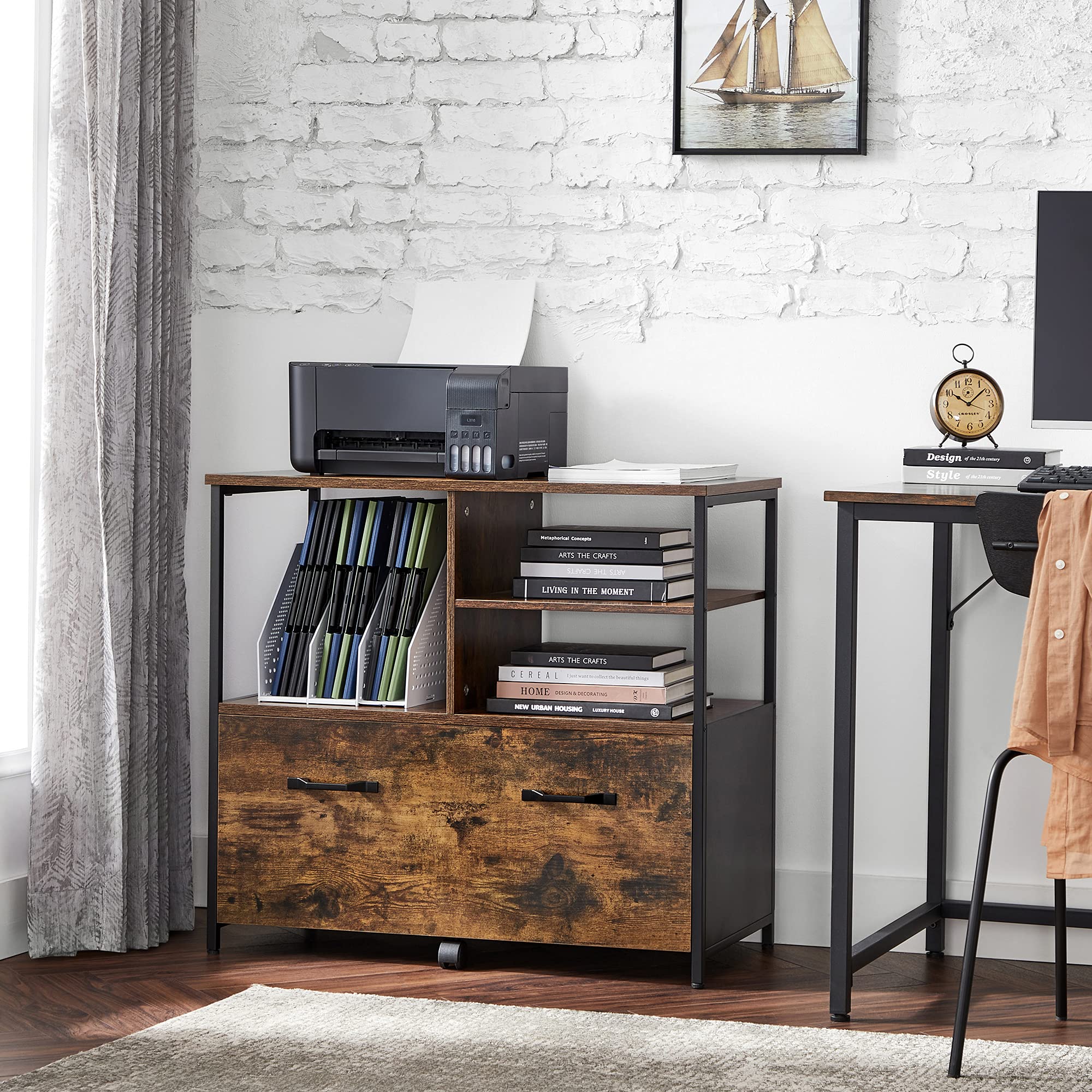 VASAGLE Lateral File Cabinet with Open Shelves and Drawer, for A4, Letter and Legal Sized Documents, Printer Stand, Rustic Brown + Black