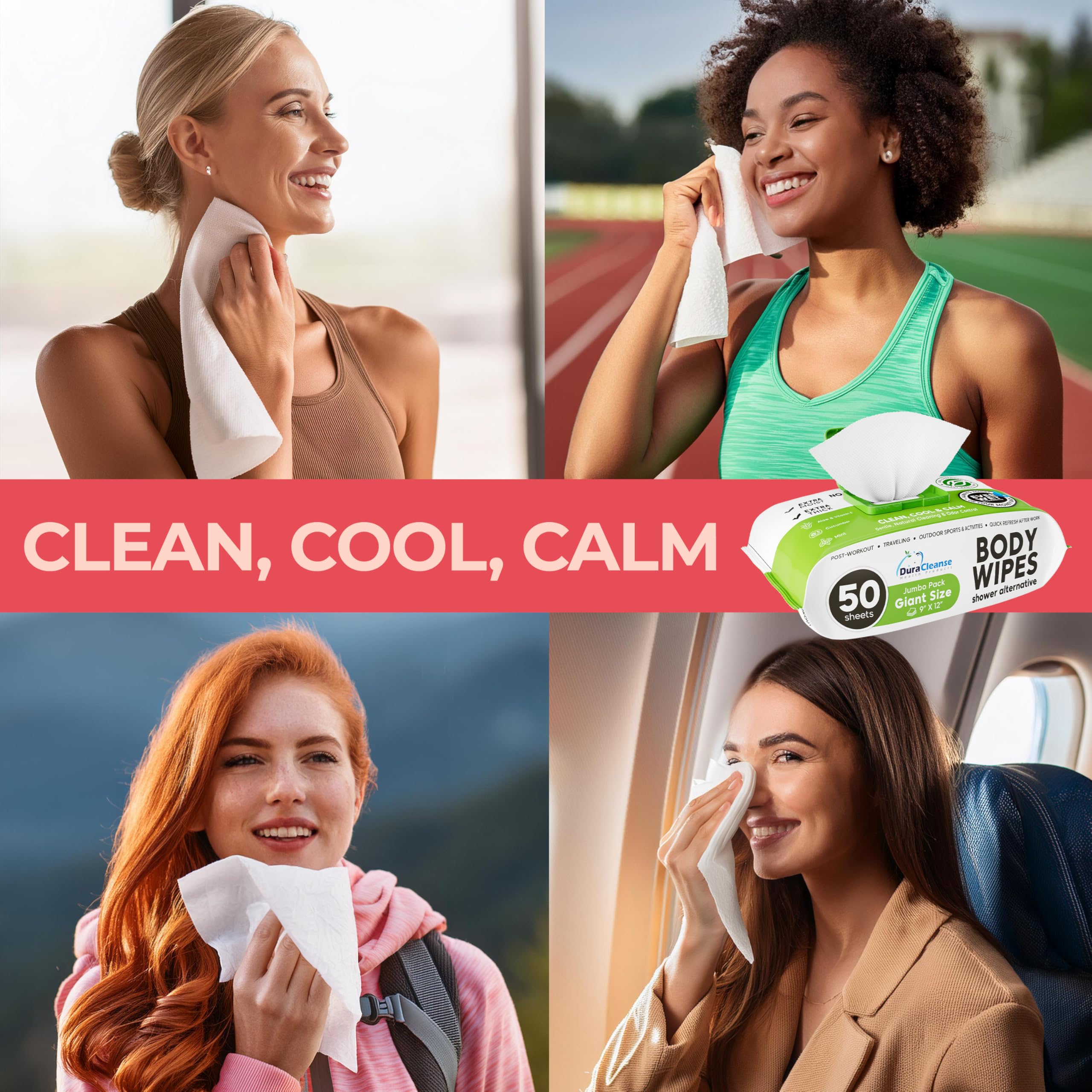 Body Wipes for Women, Extra Moist No Rinse Bathing Wipes - 50 XL Shower Cloths + 4 Travel Size Bath Sheets - 9