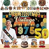 Bafeil 32 PCS 1975 themed Birthday Decorations for Men - Vintage 1975 Party Decorations, Including Backdrop, Balloons, Honeycomb Topper Banner, Card & Hanging Swirl, Paper Poms