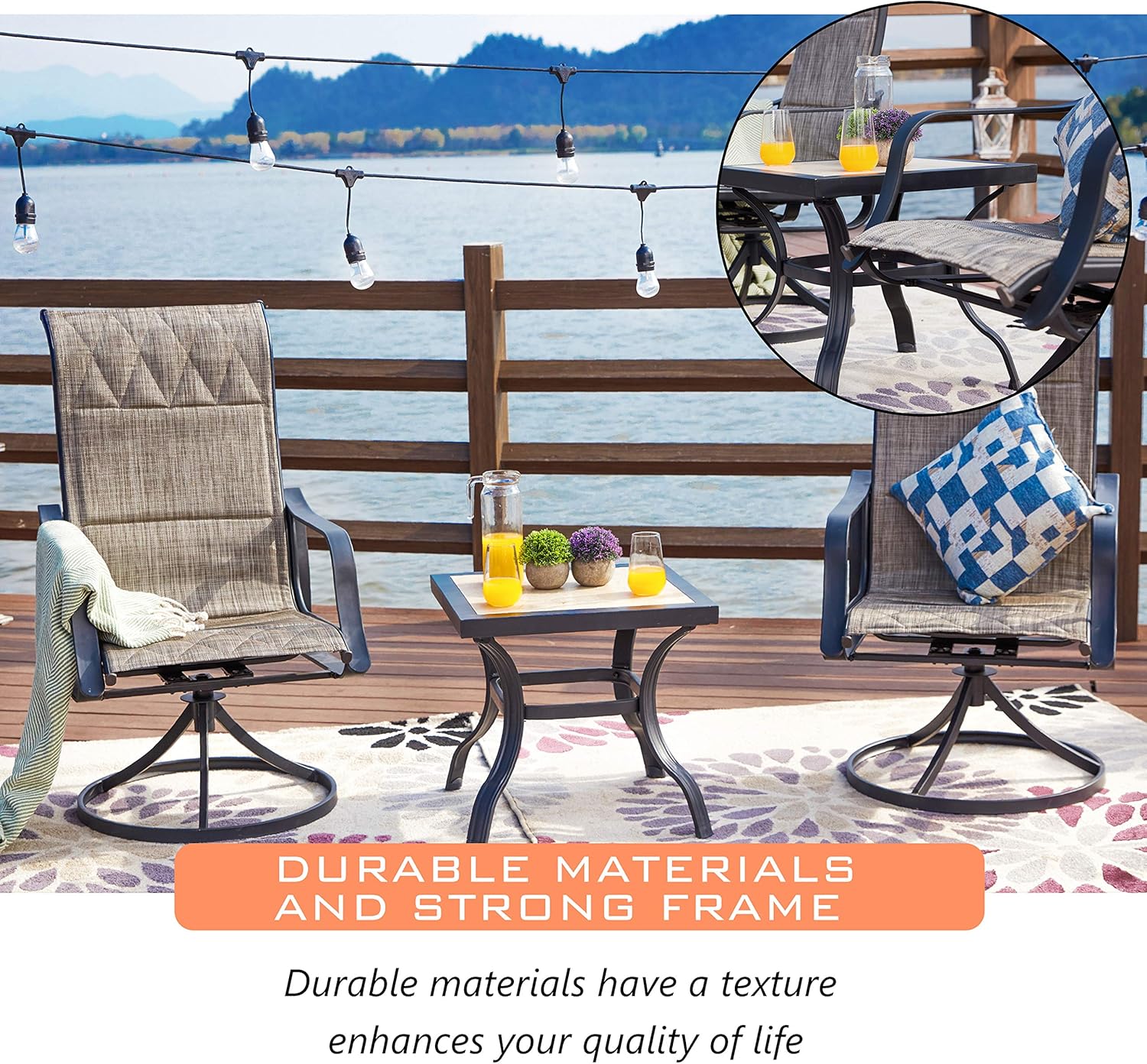 LOKATSE HOME 3 Piece Patio Rocking Set with 2 Outdoor Swivel Chairs and 21" Square Dining Table, Grey : Garden & Outdoor