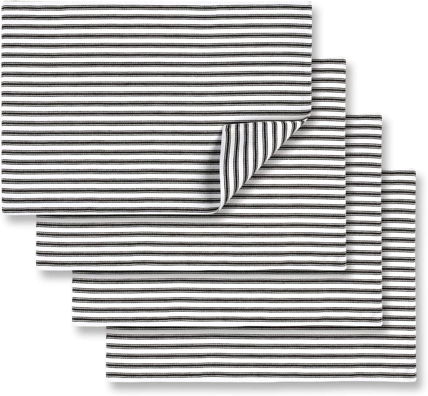 Cackleberry Home Black and White Ticking Stripe Placemats 13 x 19 Inches Woven Cotton Reversible, Set of 4