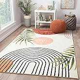 RoomTalks Boho Cute 3x5 Small Area Rugs Washable, Modern Abstract Geometric Shape with Tropical Leaves Non Slip Throw Rugs for Bedroom Kitchen Entryway Indoor Botanical Accent Carpet