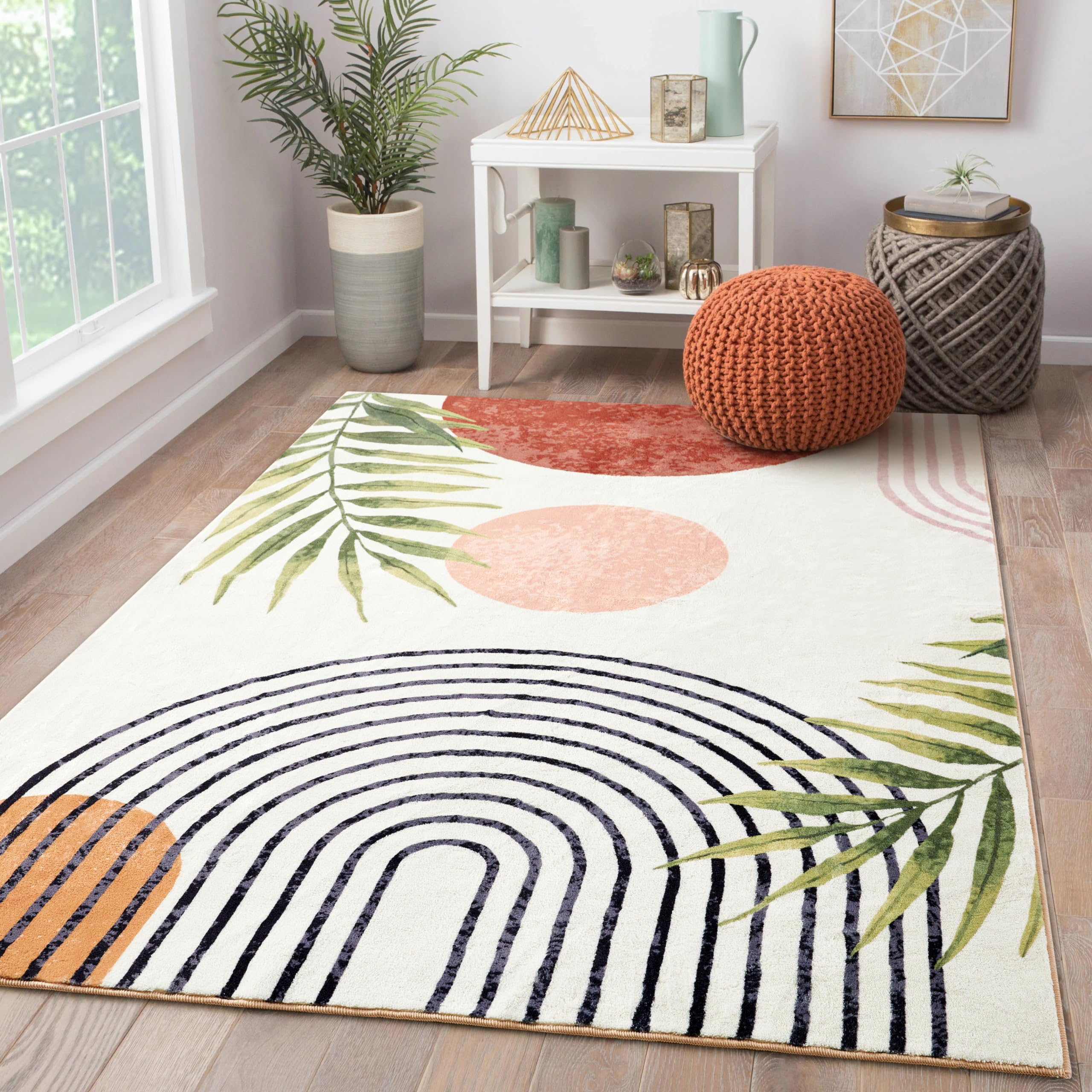 Photo 1 of RoomTalks Boho Cute 3x5 Small Area Rugs Washable, Modern Abstract Geometric Shape with Tropical Leaves Non Slip Throw Rugs for Bedroom Kitchen Entryway Indoor Botanical Accent Carpet