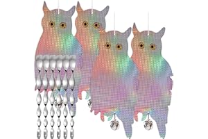 Dyvicl Fake Owl Hanging Reflective Owl for Woodpecker Deterrent 4 Pack, Bonus 6 Reflective Scare Spiral Rods