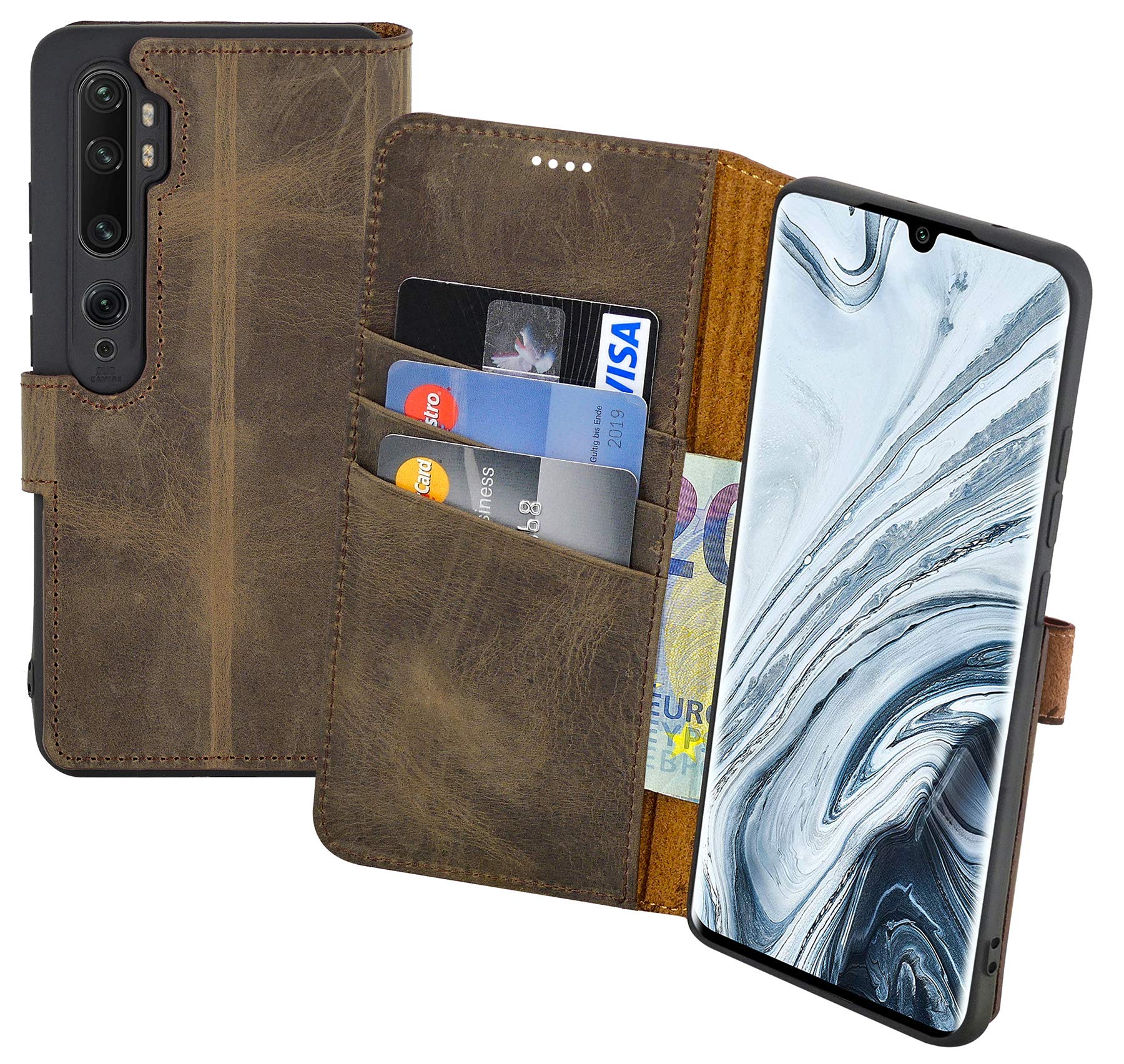 Suncase Book-Style Case Compatible with Xiaomi Mi Note 10 Leather Case (Slim Fit) Leather Mobile Phone Case Protective Case with 3 Card Slots in Antique Brown
