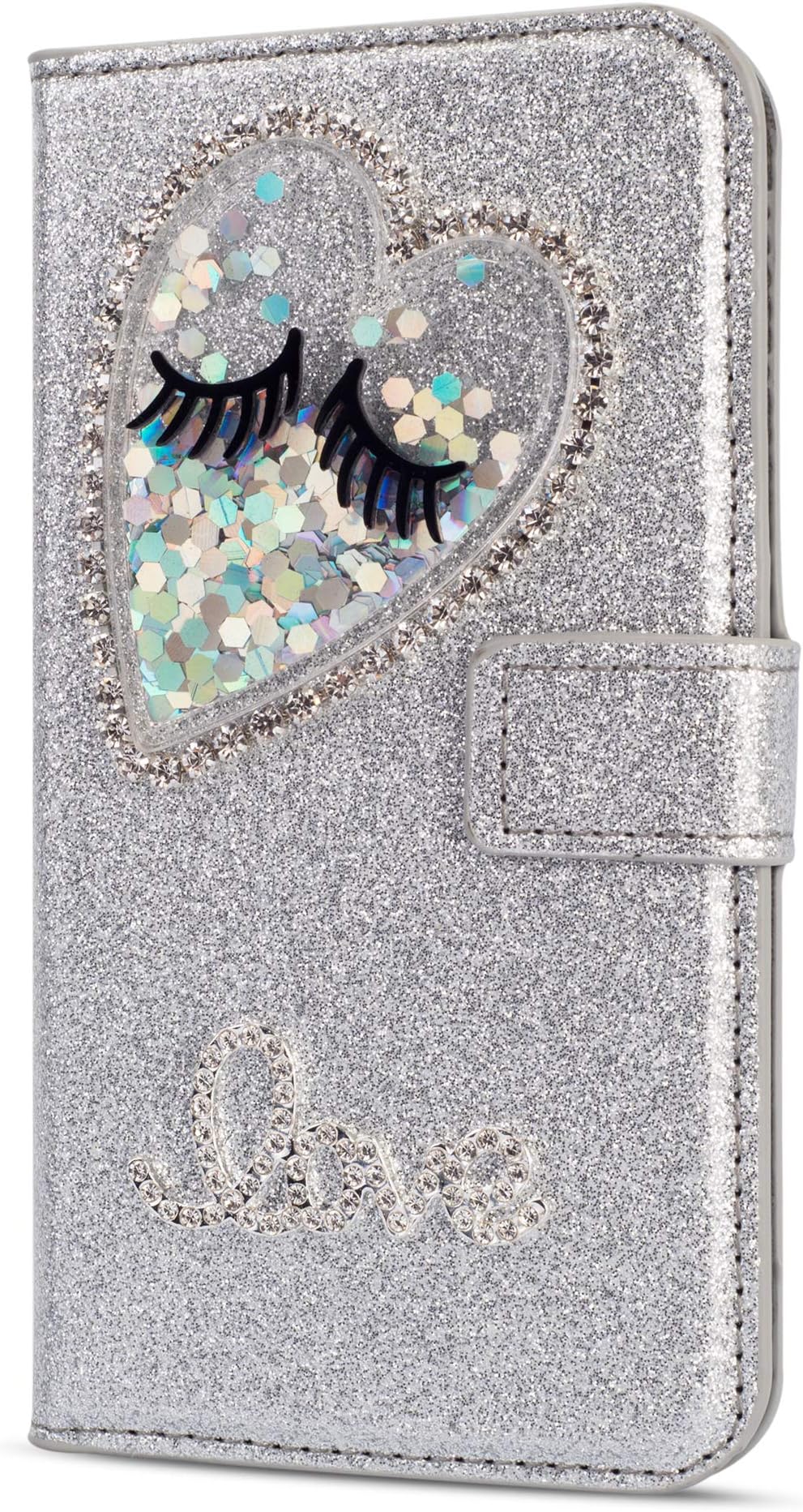 YKTO Trendy Gift Phone Cases for iPhone 7, iPhone 8 4.7" Cute Pretty Fashion Eyelashes Shiny Heart Floating Liquid Covers Silver PU Leather Glitter Bling Diamond Flip Wallet Stand Protective Shell