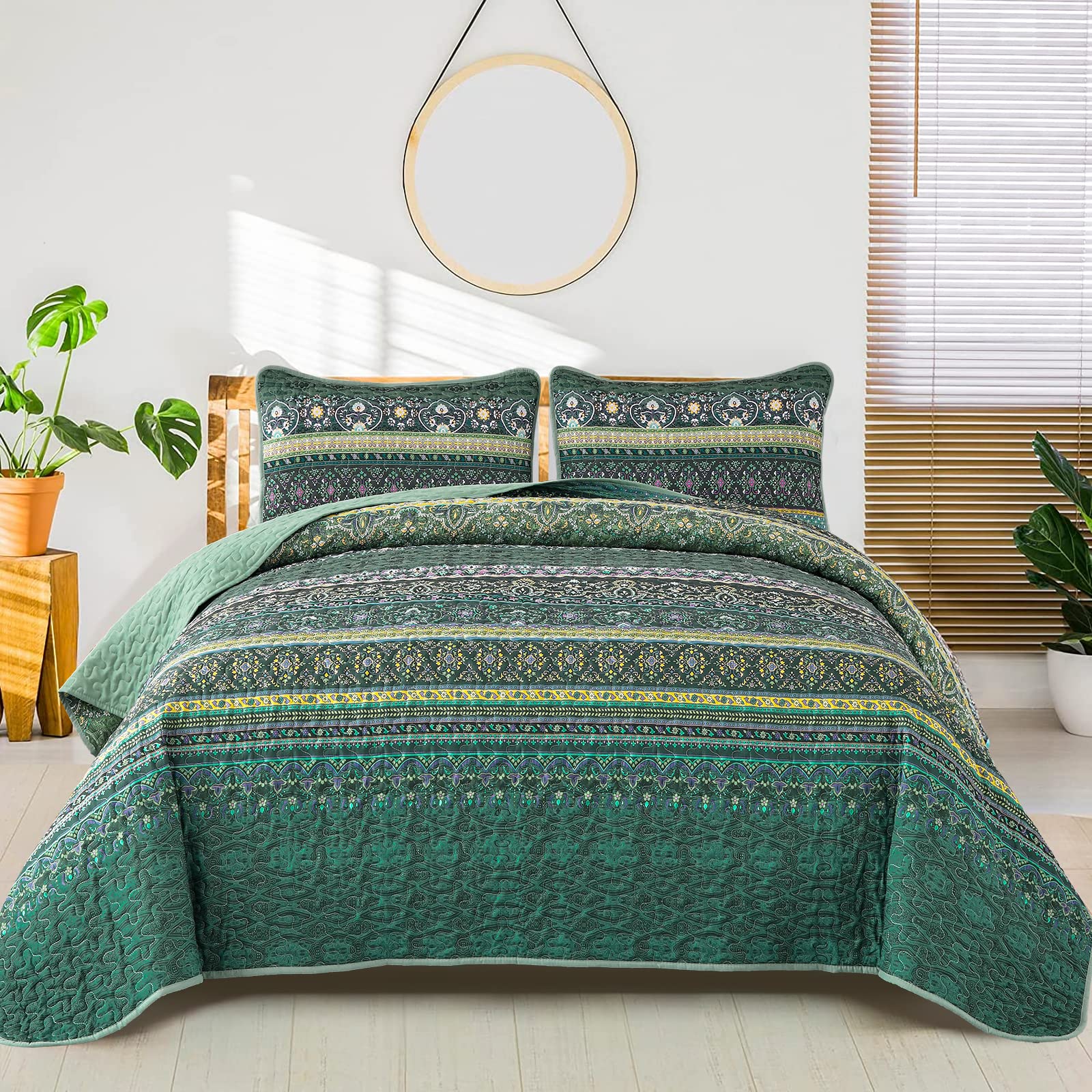 WONGS BEDDING Bohemian Bedspread Double Boho Striped Pattern Printed Quilted Bedspread Coverlet for All Season,Soft Microfiber Quilt Double Size 220x240cm