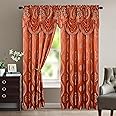 Elegant Comfort Aurora Jacquard Look Curtain Panel Set with Attached Valance 54" X 84 inch (Set of 2), Rusty Red
