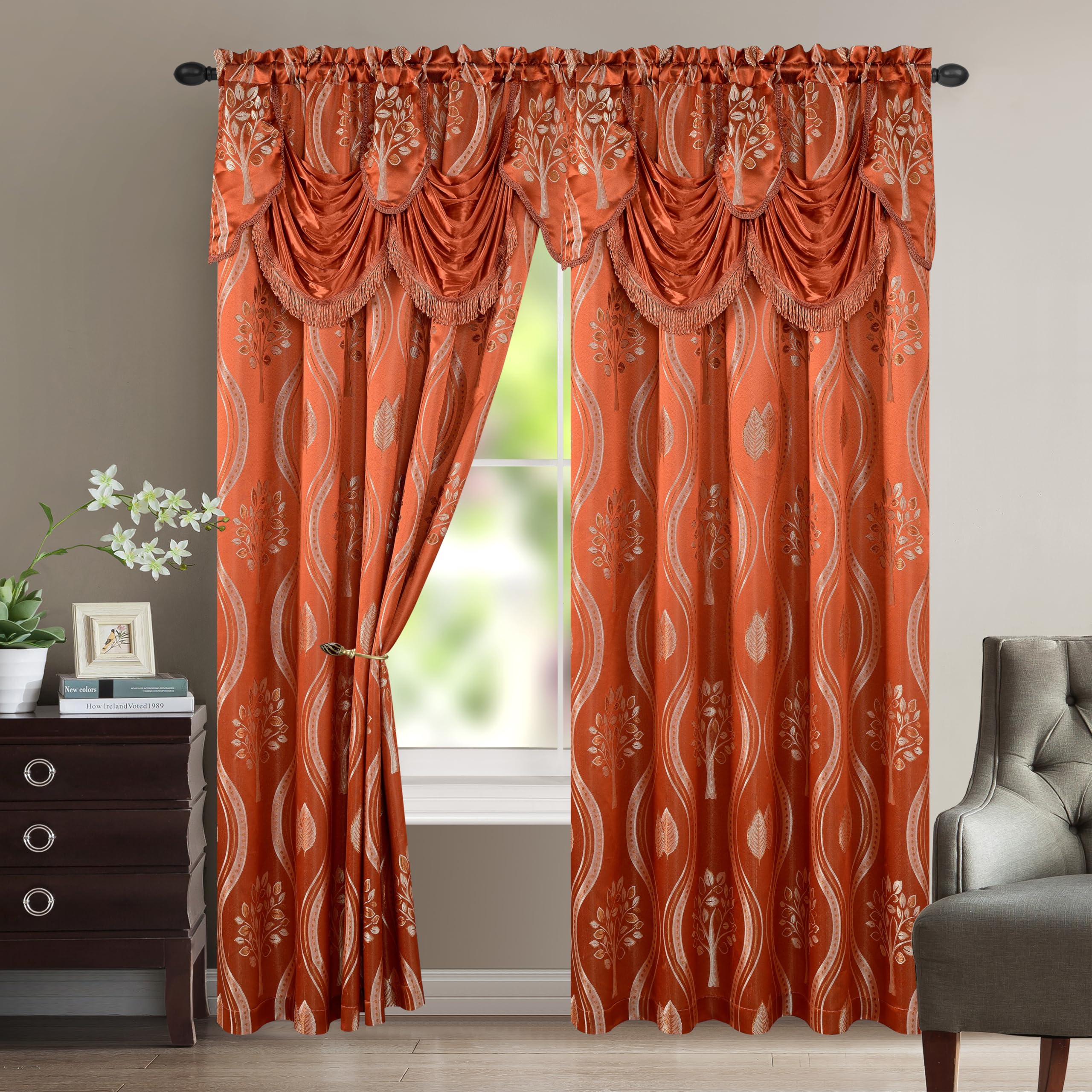 Elegant Comfort Luxurious Aurora Jacquard Look Curtain Panel Set with Attached Valance 54" X 63 inch (Set of 2), Rusty Red Image