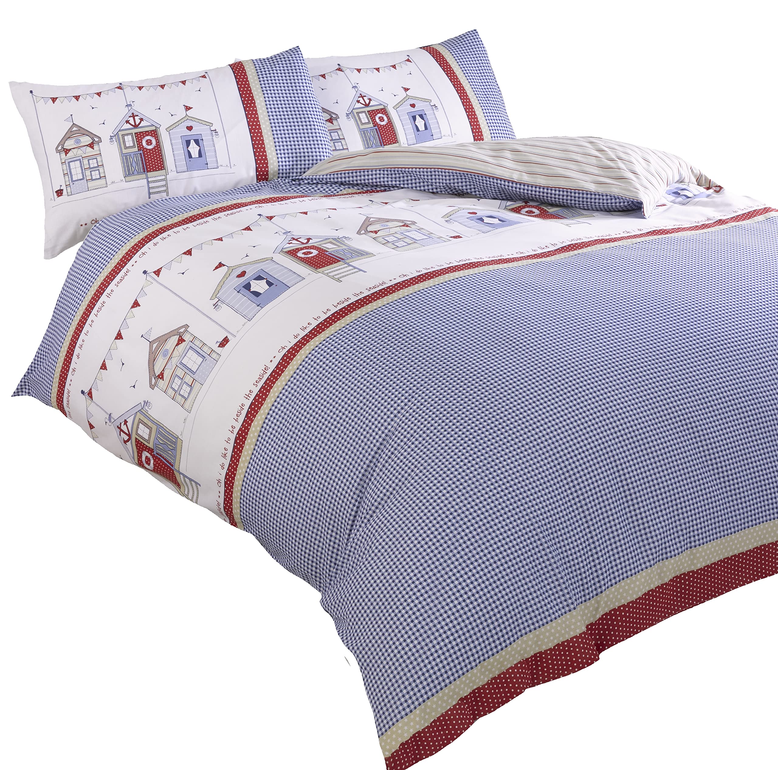 Rapport Home King Duvet Cover Set Summer Seaside Beach Huts, Blue