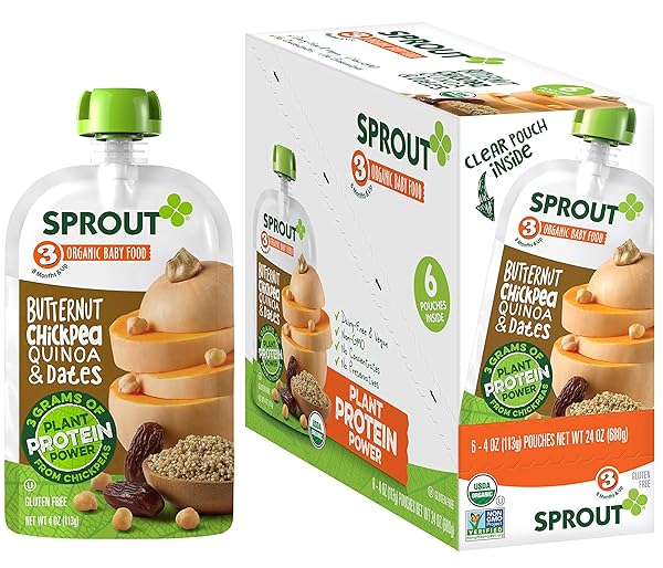 SPROUT ORGANICS BABY FOOD, BUTTERNUT, CHICKPEA, QUINOA & DATE, PLANT POWERED PROTEIN, 4 OZ PUREES (PACK OF 6)
