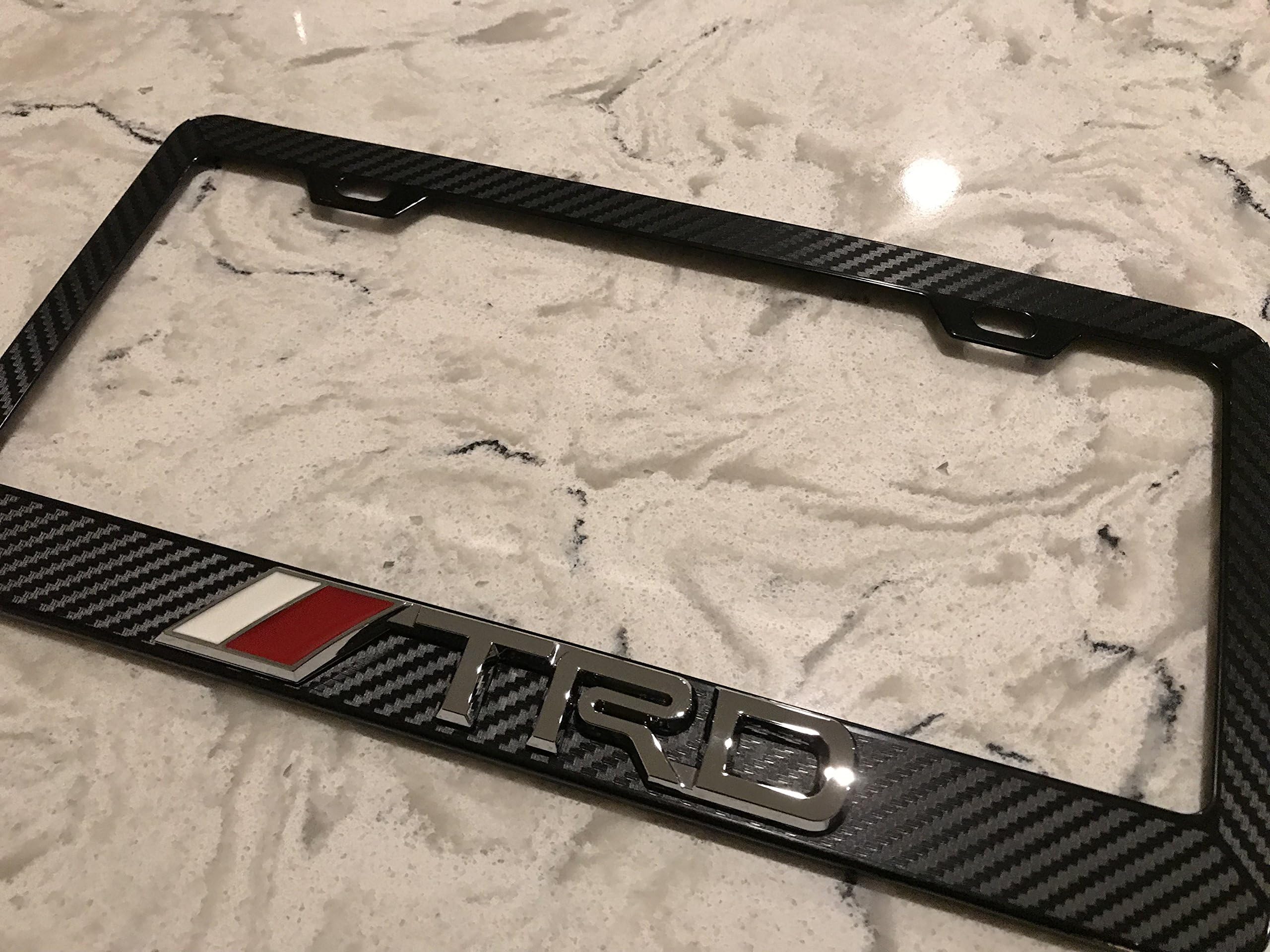 Ryomamoto Toyota TRD Chrome 3D Symbol on Black Carbon Fiber Style Reverse Cut Decal Black Metal License Frame with Matching Color Screw caps