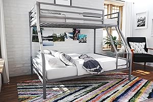 Novogratz Maxwell Metal Bunk Bed Frame for Kids and Teens, with Angled Ladder, High Guardrail and Metal Slats, No Boxspring Required, Underbed Storage Space, Twin-Over-Full, Gray