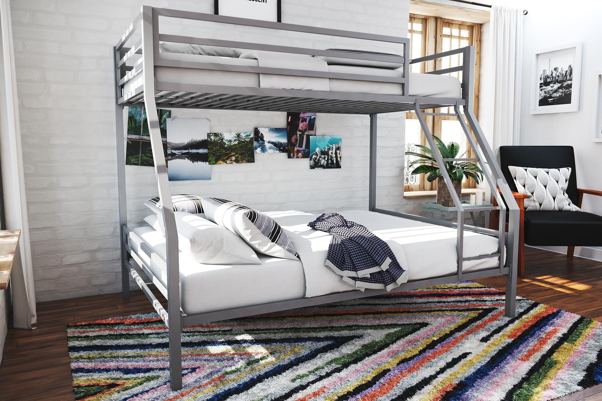 Photo 1 of Novogratz Maxwell Metal Bunk Bed Frame for Kids and Teens, with Angled Ladder, High Guardrail and Metal Slats, No Boxspring Required, Underbed Storage Space, Twin-Over-Full, Gray