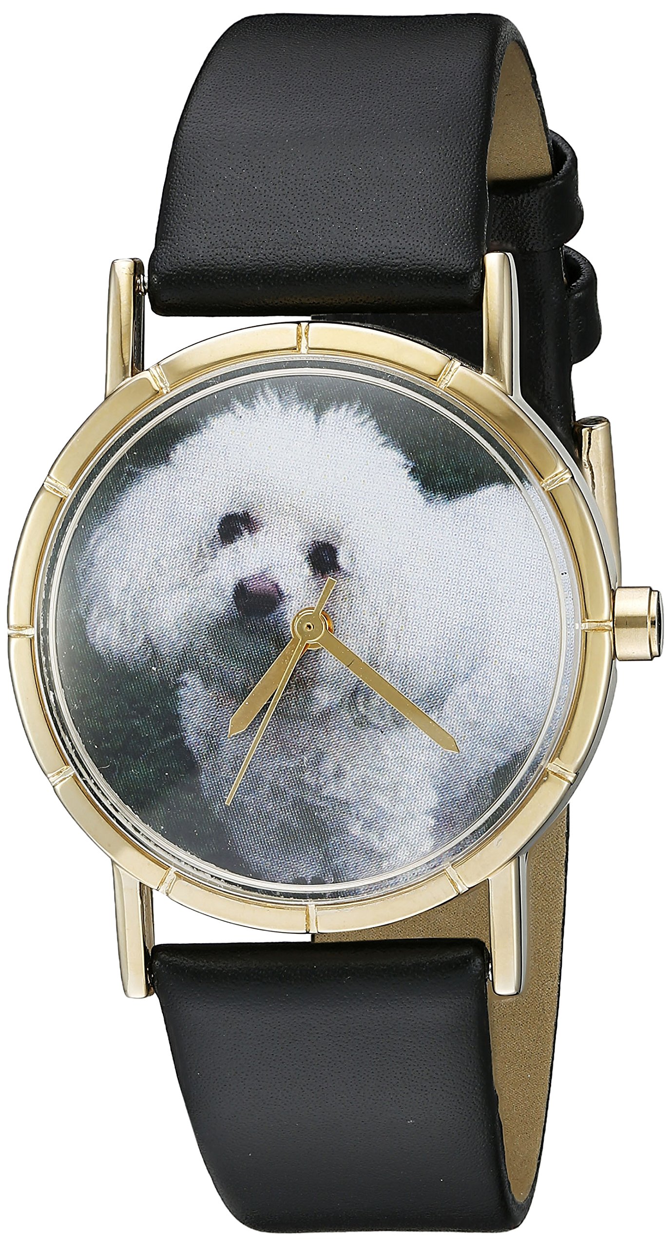 Whimsical Watches Bichon Black Leather and Goldtone Photo Unisex Quartz Watch with White Dial Analogue Display and Multicolour Leather Strap P-0130010